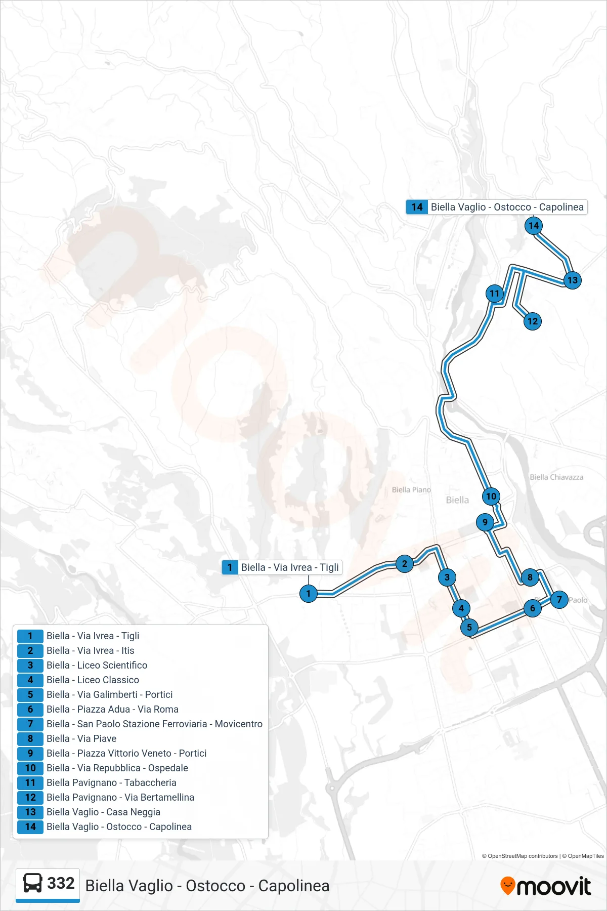 Linea 332 bus (Biella Vaglio - Ostocco - Capolinea) - Percorsi e fermate sulla mappa