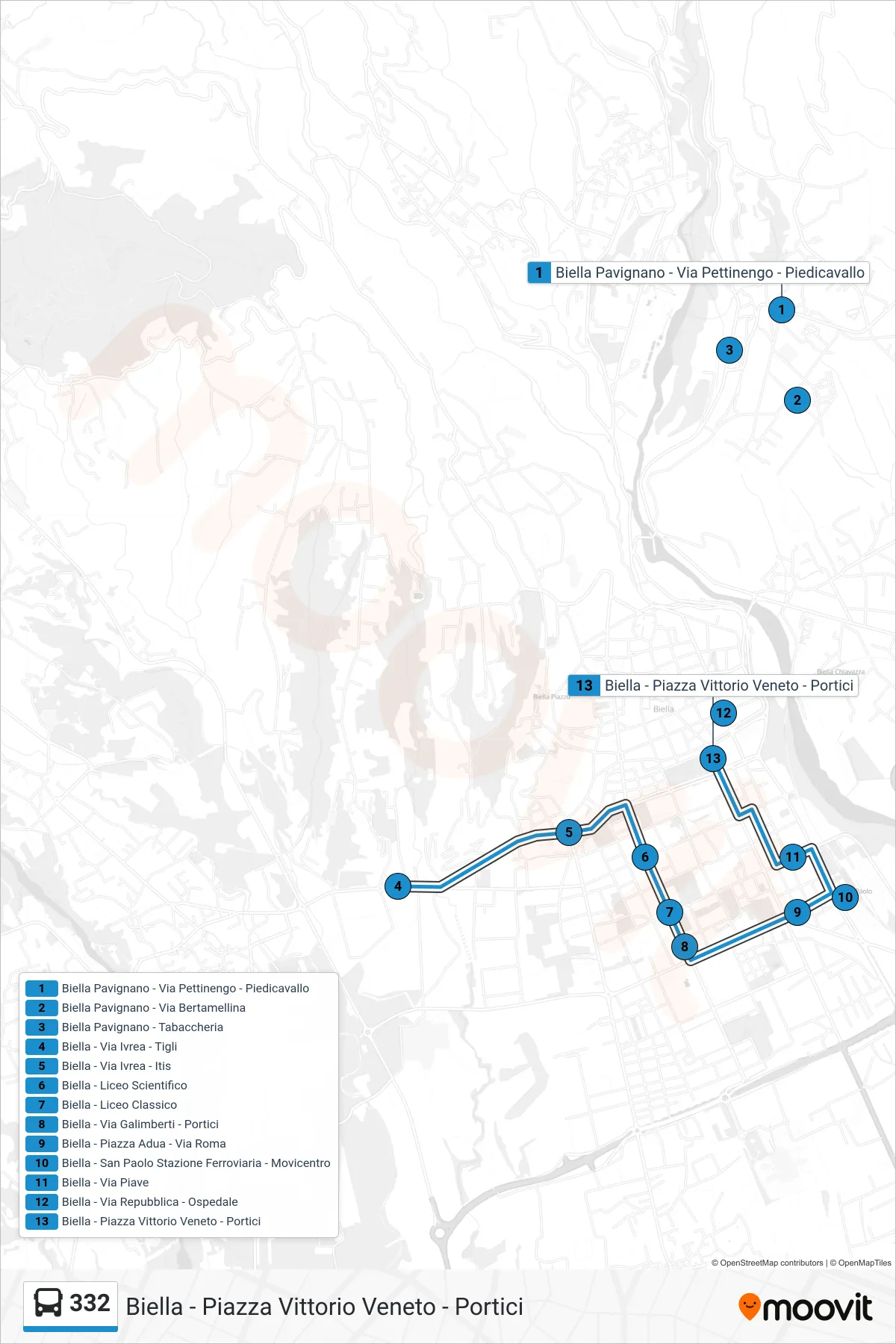 Linea 332  bus (Biella - Piazza Vittorio Veneto - Portici) - Percorsi e fermate sulla mappa