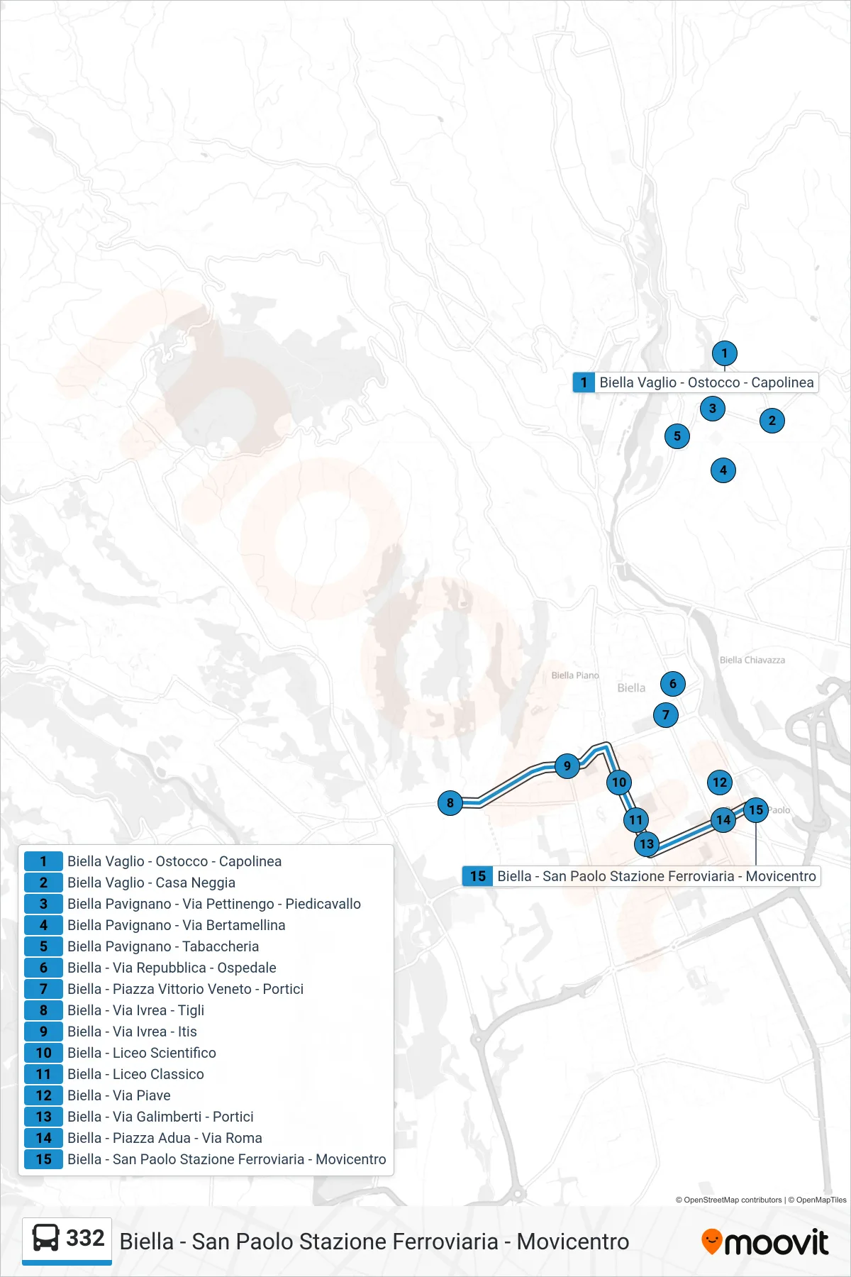 Linea 332 bus (Biella - San Paolo Stazione Ferroviaria - Movicentro) - Percorsi e fermate sulla mappa