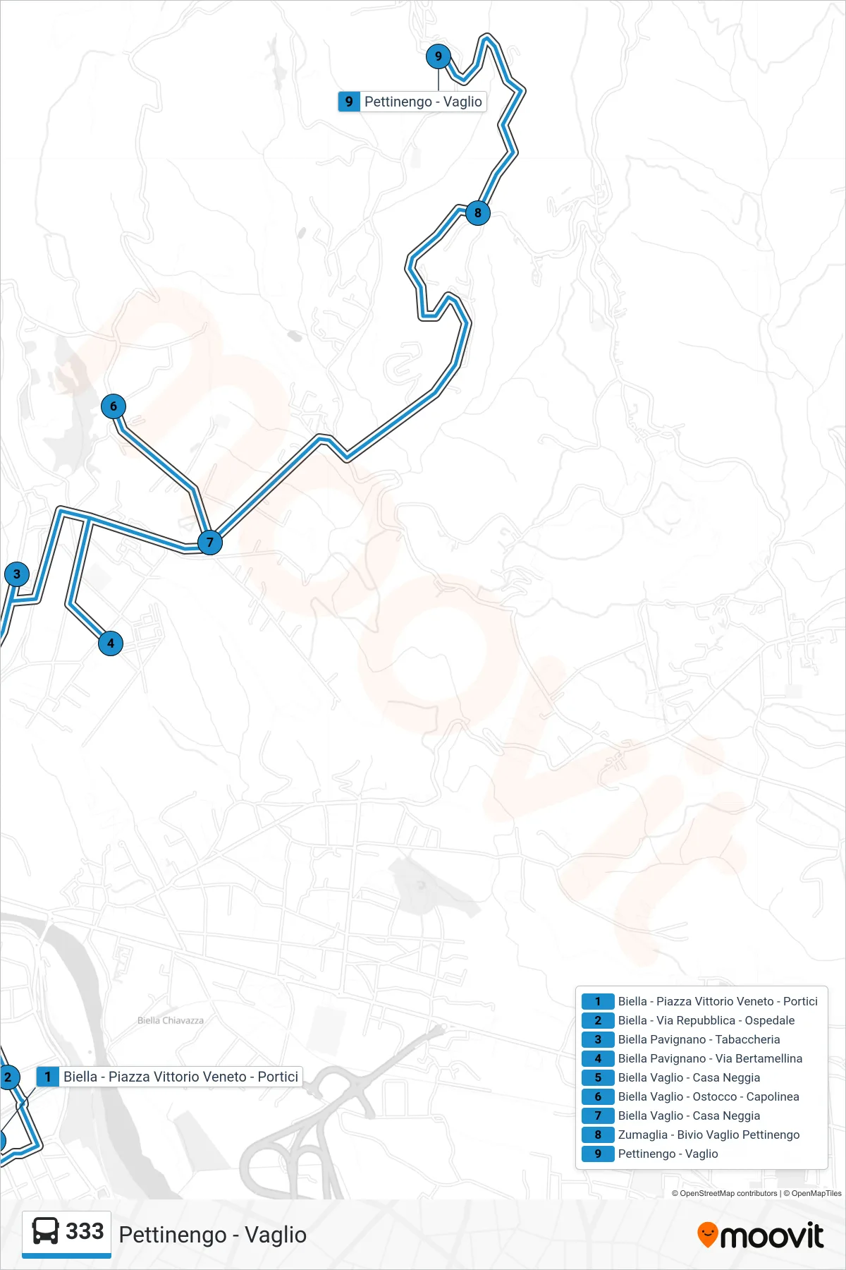 Linea 333  bus (Pettinengo - Vaglio) - Percorsi e fermate sulla mappa
