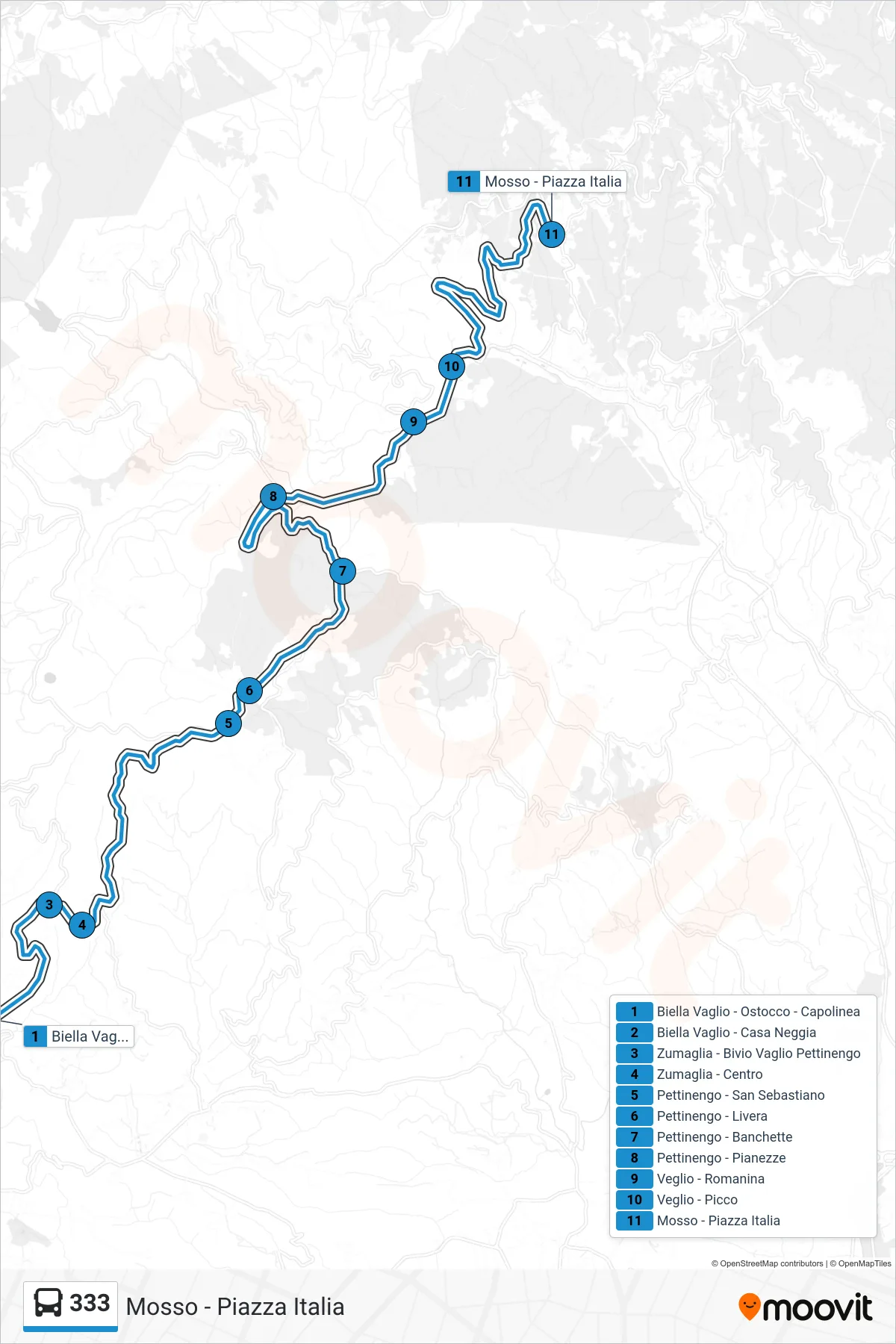 Linea 333  bus (Mosso - Piazza Italia) - Percorsi e fermate sulla mappa