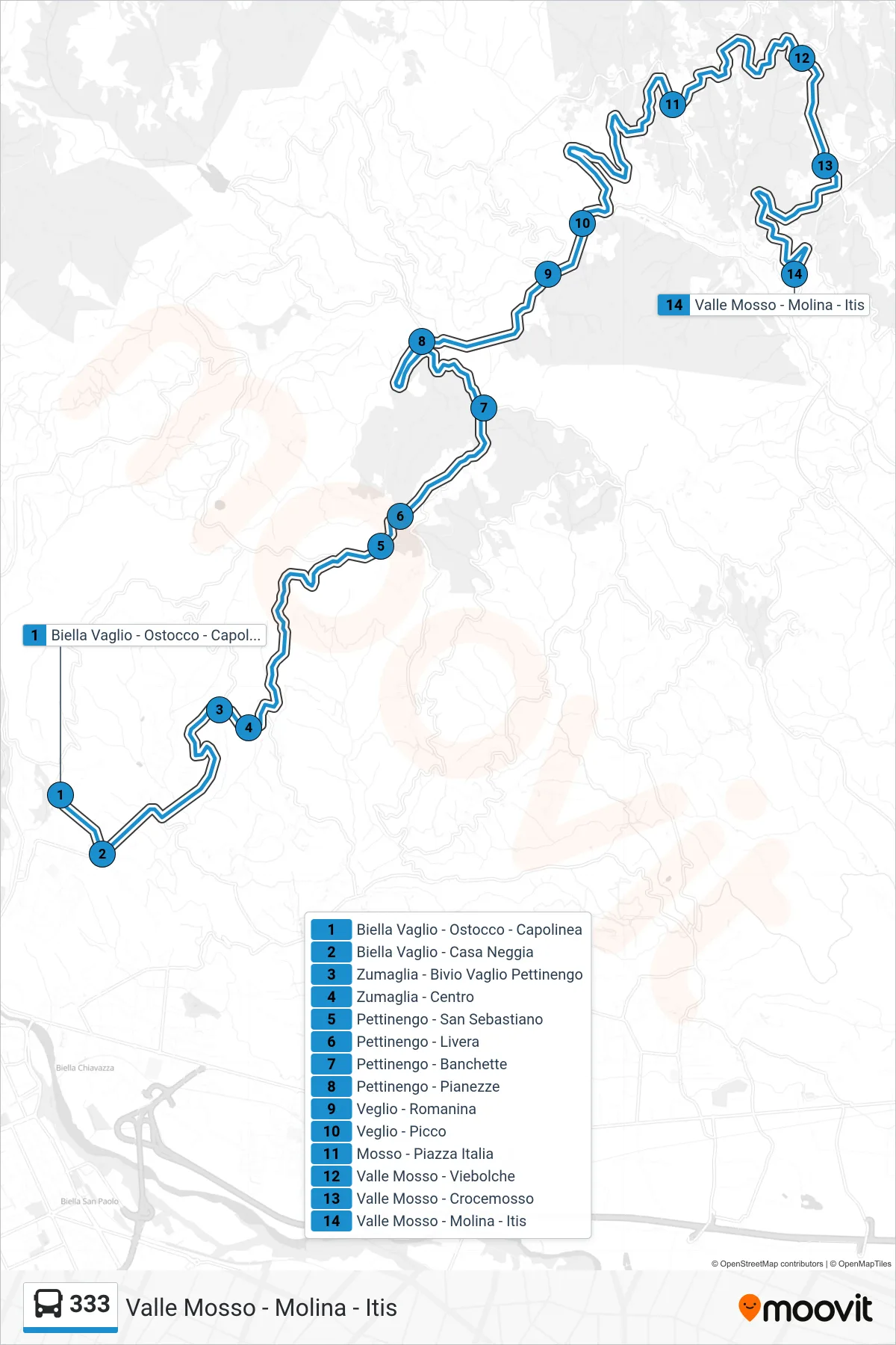 Linea 333 bus (Valle Mosso - Molina - Itis) - Percorsi e fermate sulla mappa