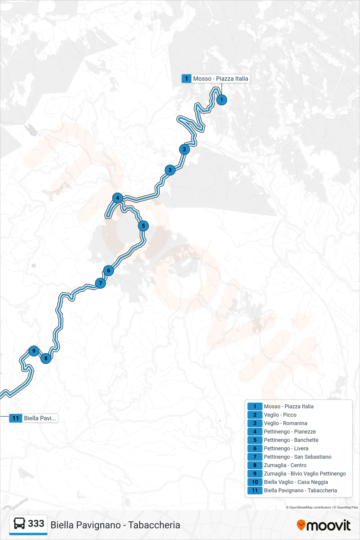 Linea 333 bus (Biella Pavignano - Tabaccheria) - Percorsi e fermate sulla mappa