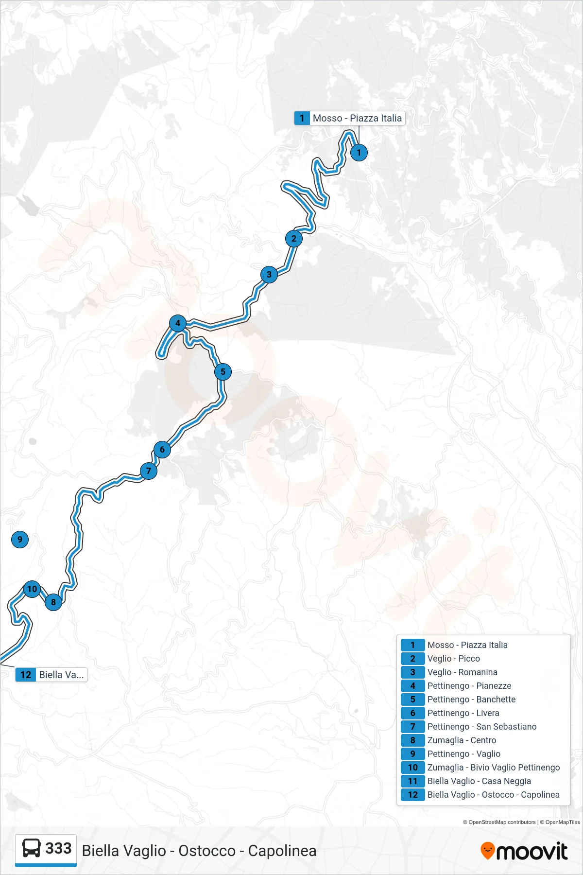 Linea 333 bus (Biella Vaglio - Ostocco - Capolinea) - Percorsi e fermate sulla mappa
