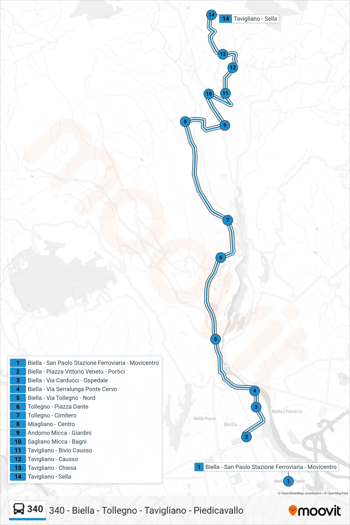 Linea 340 bus (Tavigliano - Sella) - Percorsi e fermate sulla mappa