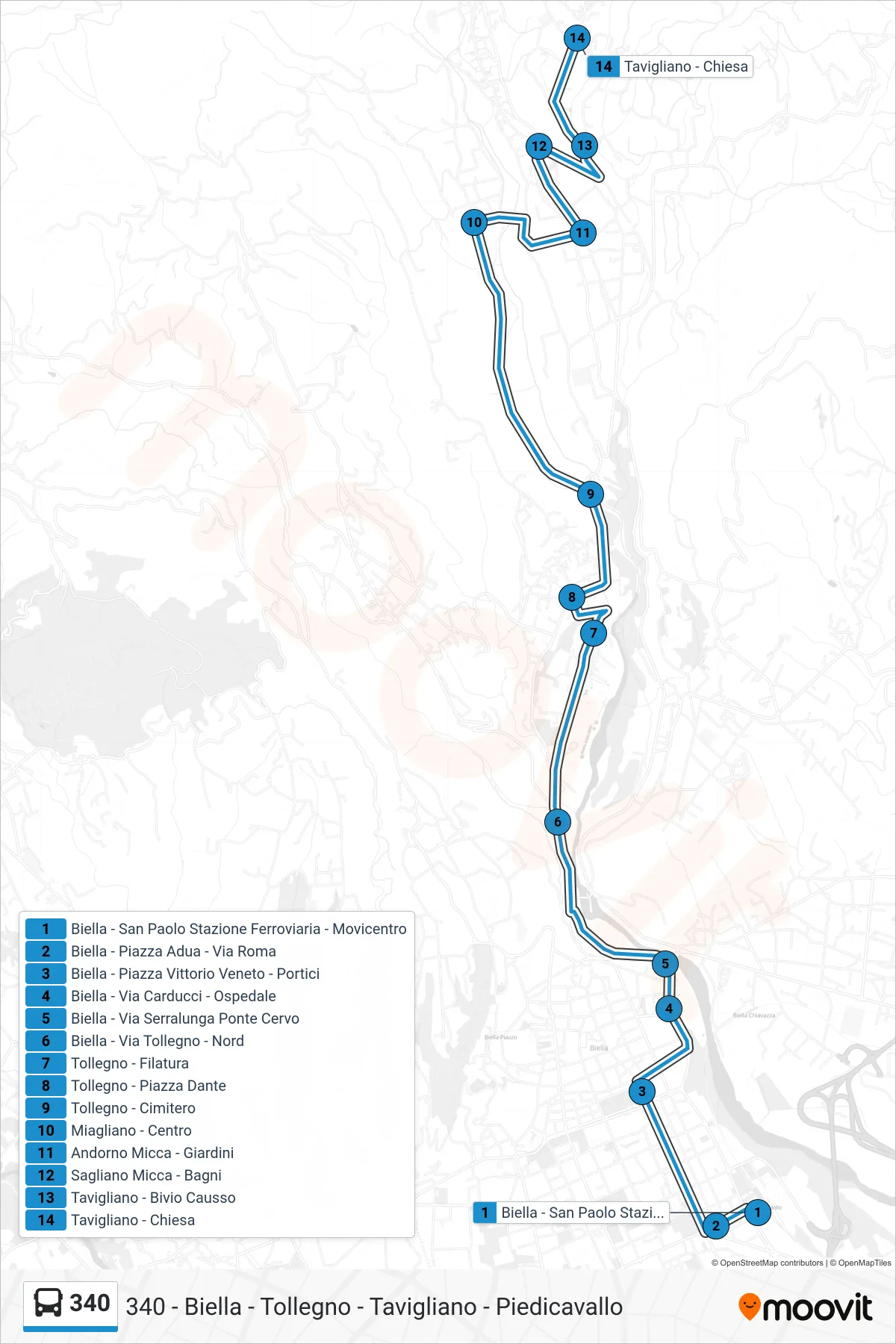 Linea 340 bus (Tavigliano - Chiesa) - Percorsi e fermate sulla mappa