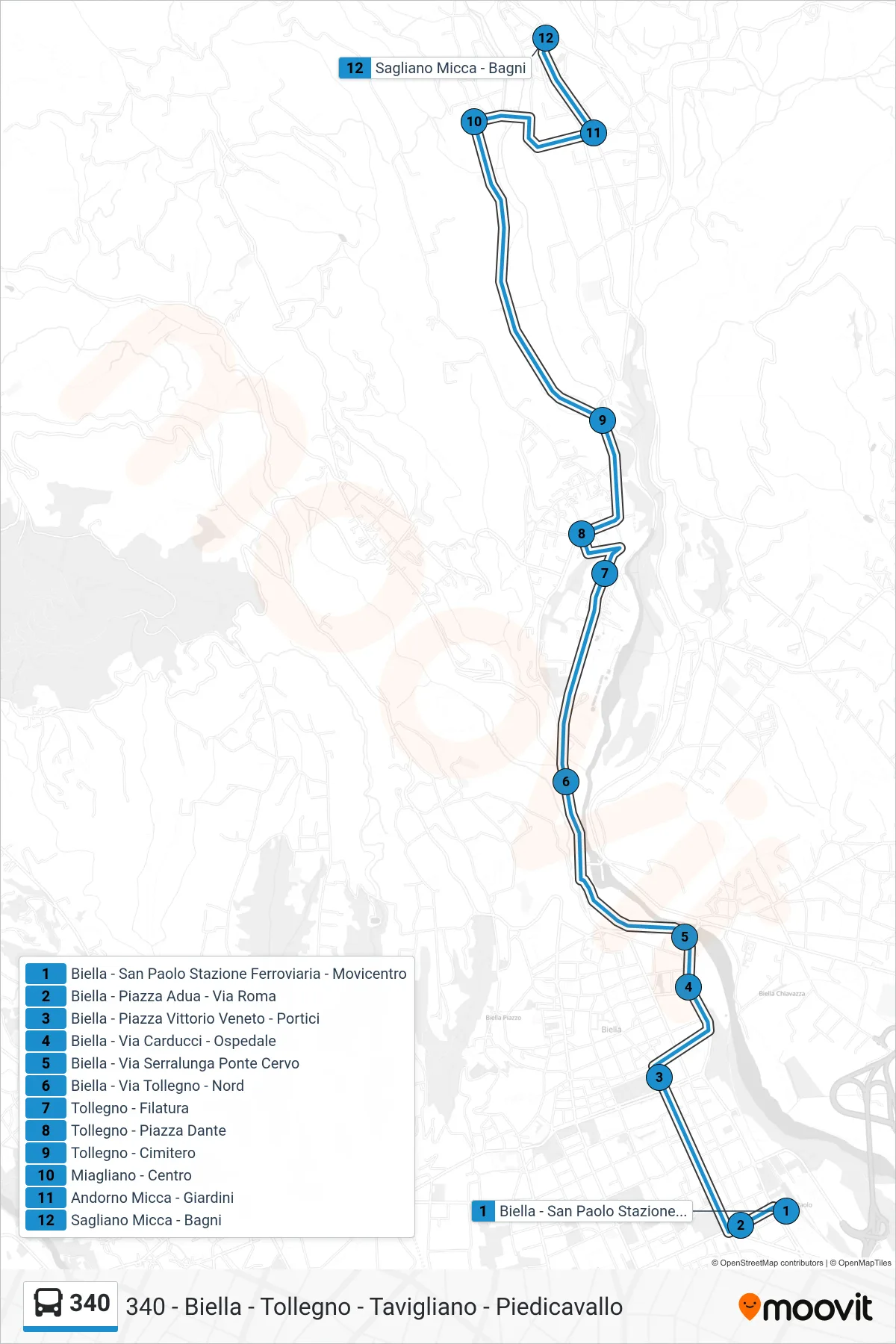 Linea 340  bus (Sagliano Micca - Bagni) - Percorsi e fermate sulla mappa