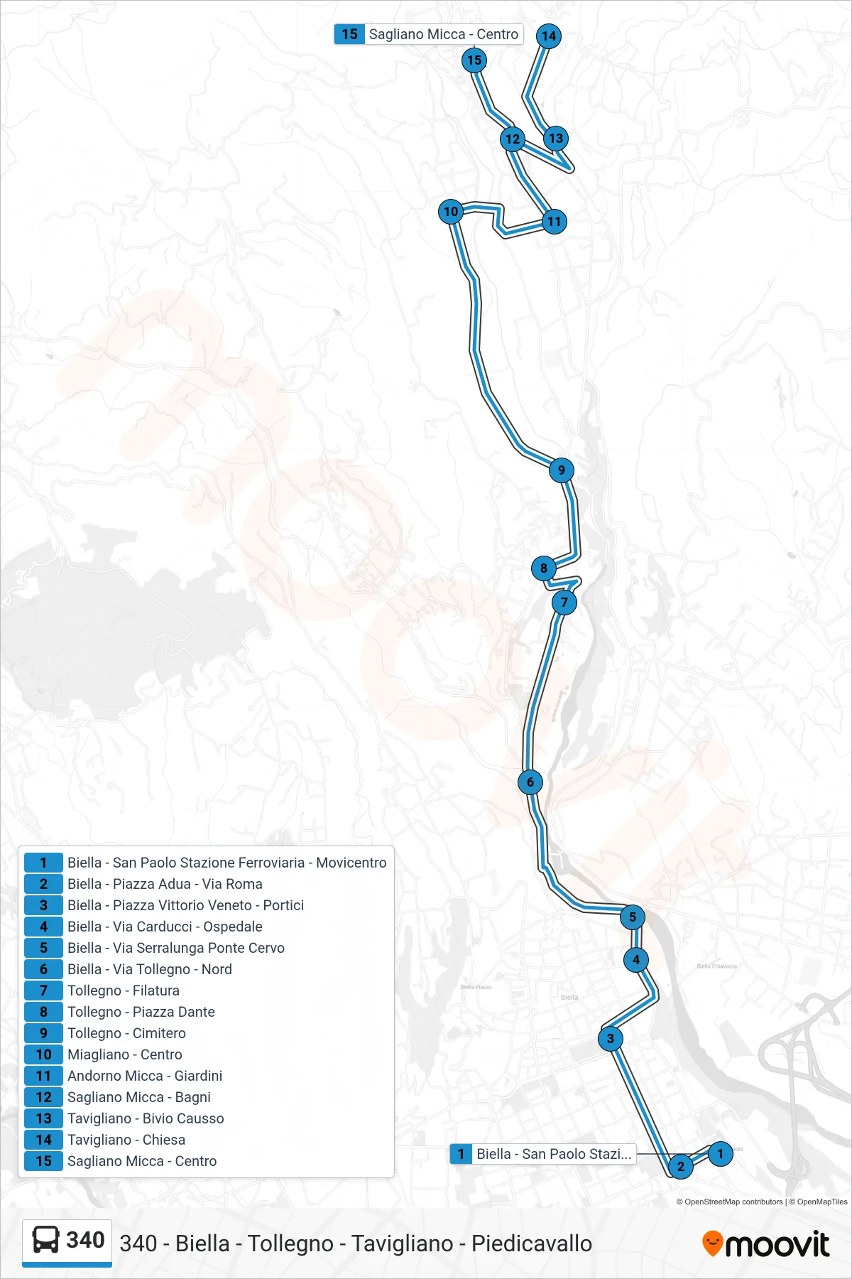 Linea 340  bus (Sagliano Micca - Centro) - Percorsi e fermate sulla mappa