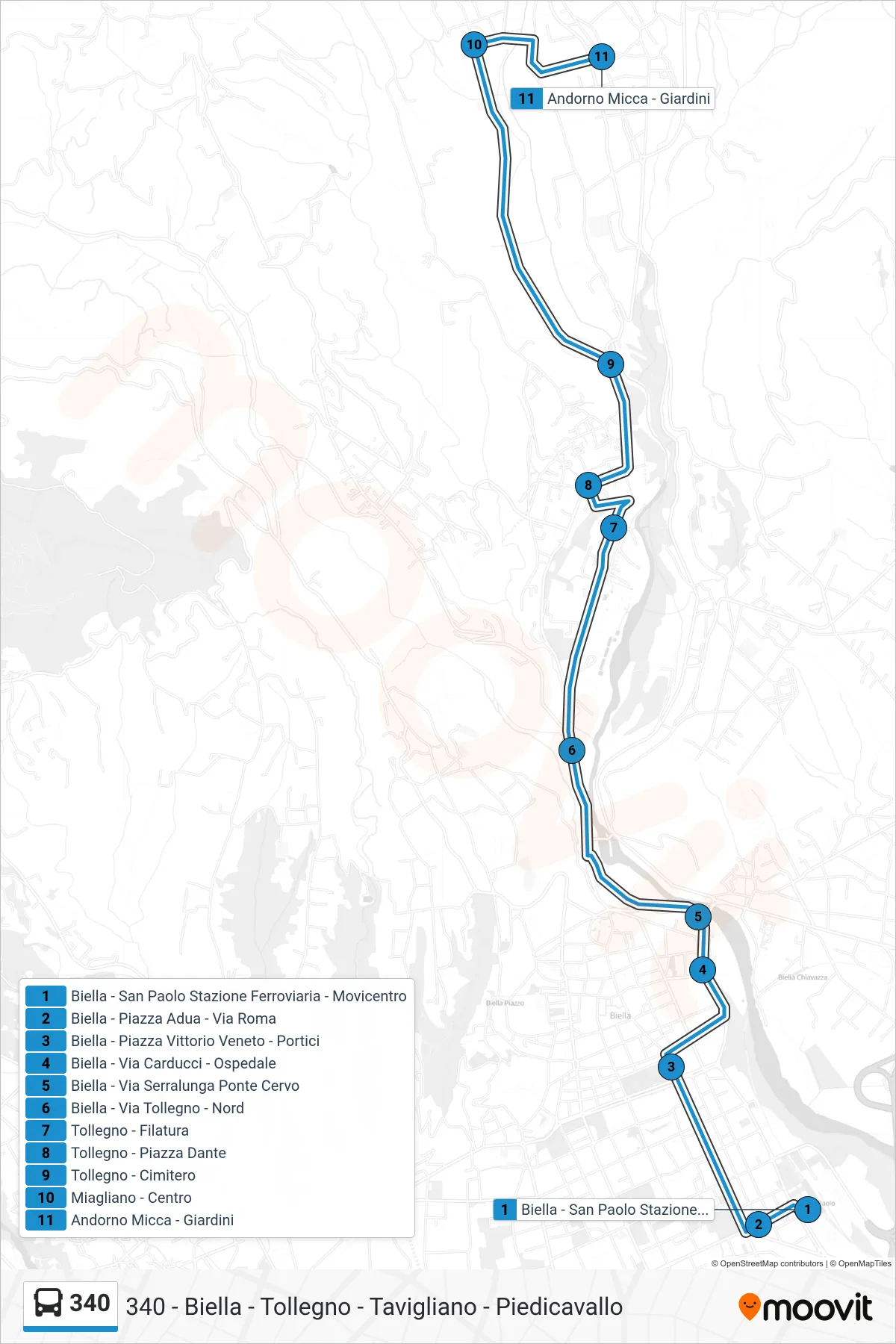 Linea 340  bus (Andorno Micca - Giardini) - Percorsi e fermate sulla mappa