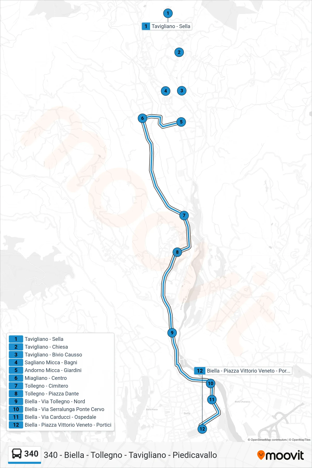 Linea 340 bus (Biella - Piazza Vittorio Veneto - Portici) - Percorsi e fermate sulla mappa