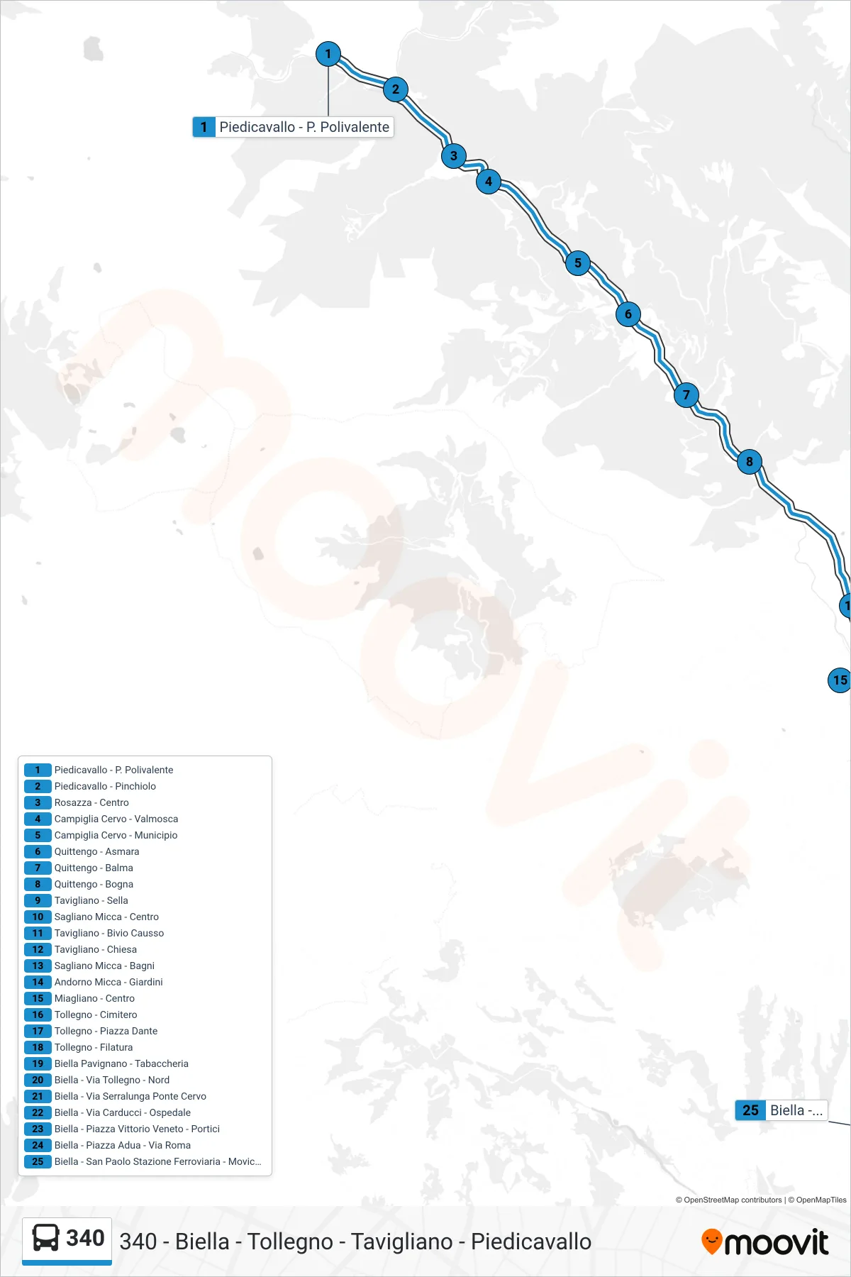 Linea 340 bus (Biella - San Paolo Stazione Ferroviaria - Movicentro) - Percorsi e fermate sulla mappa