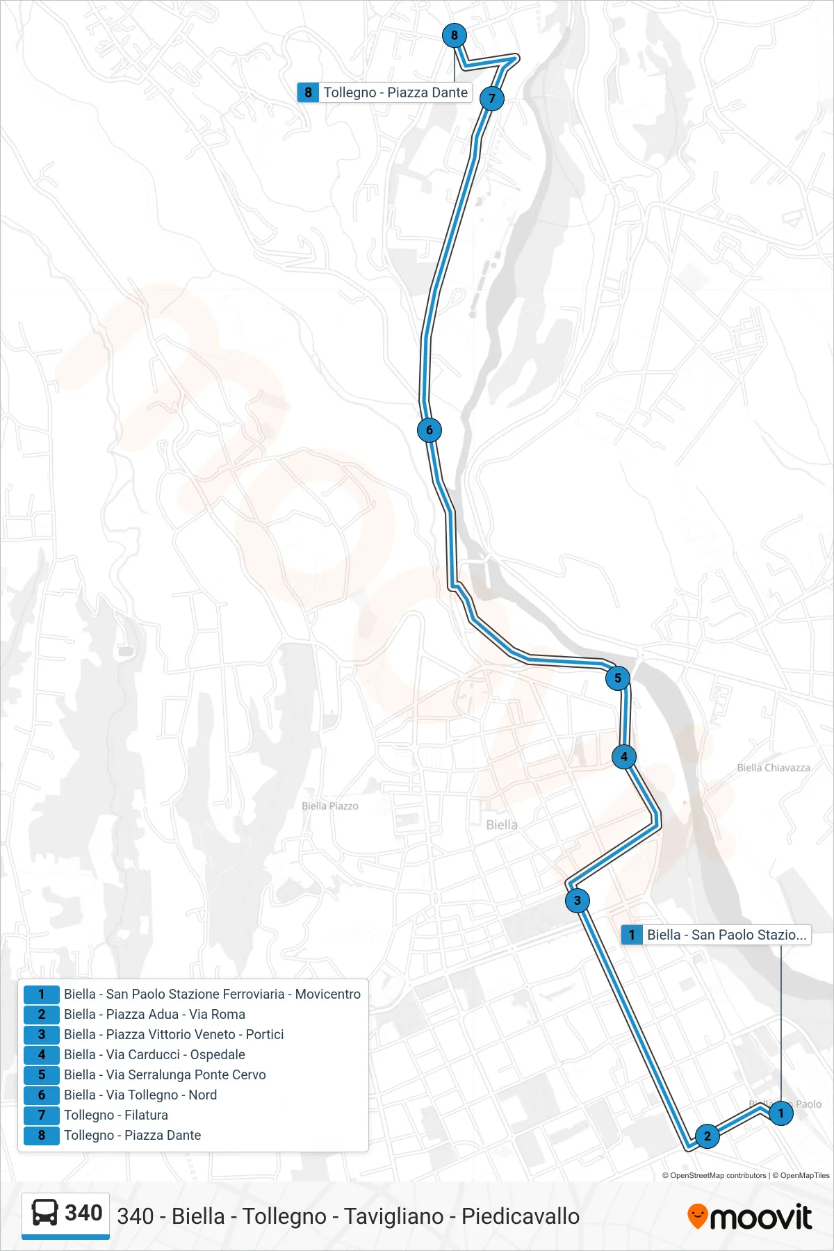 Linea 340  bus (Tollegno - Piazza Dante) - Percorsi e fermate sulla mappa