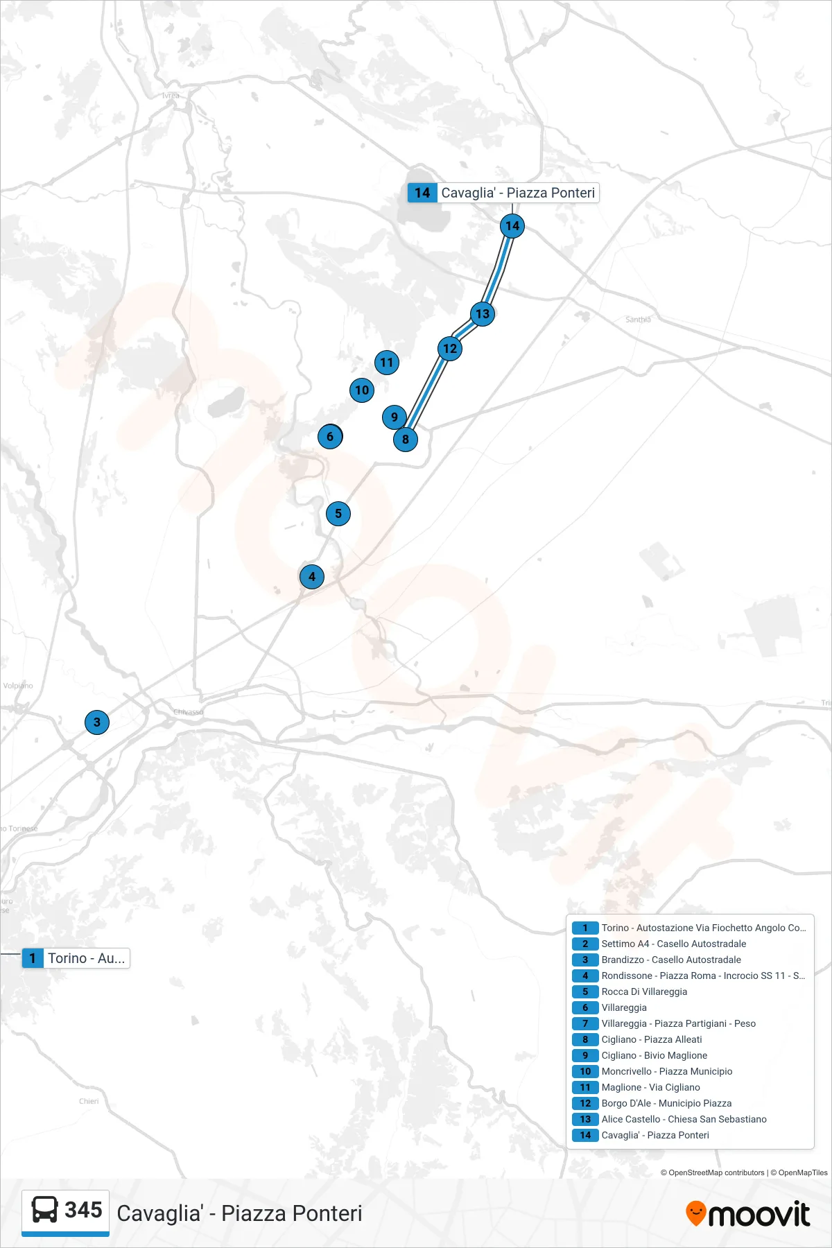 Linea 345 bus (Cavaglia' - Piazza Ponteri) - Percorsi e fermate sulla mappa