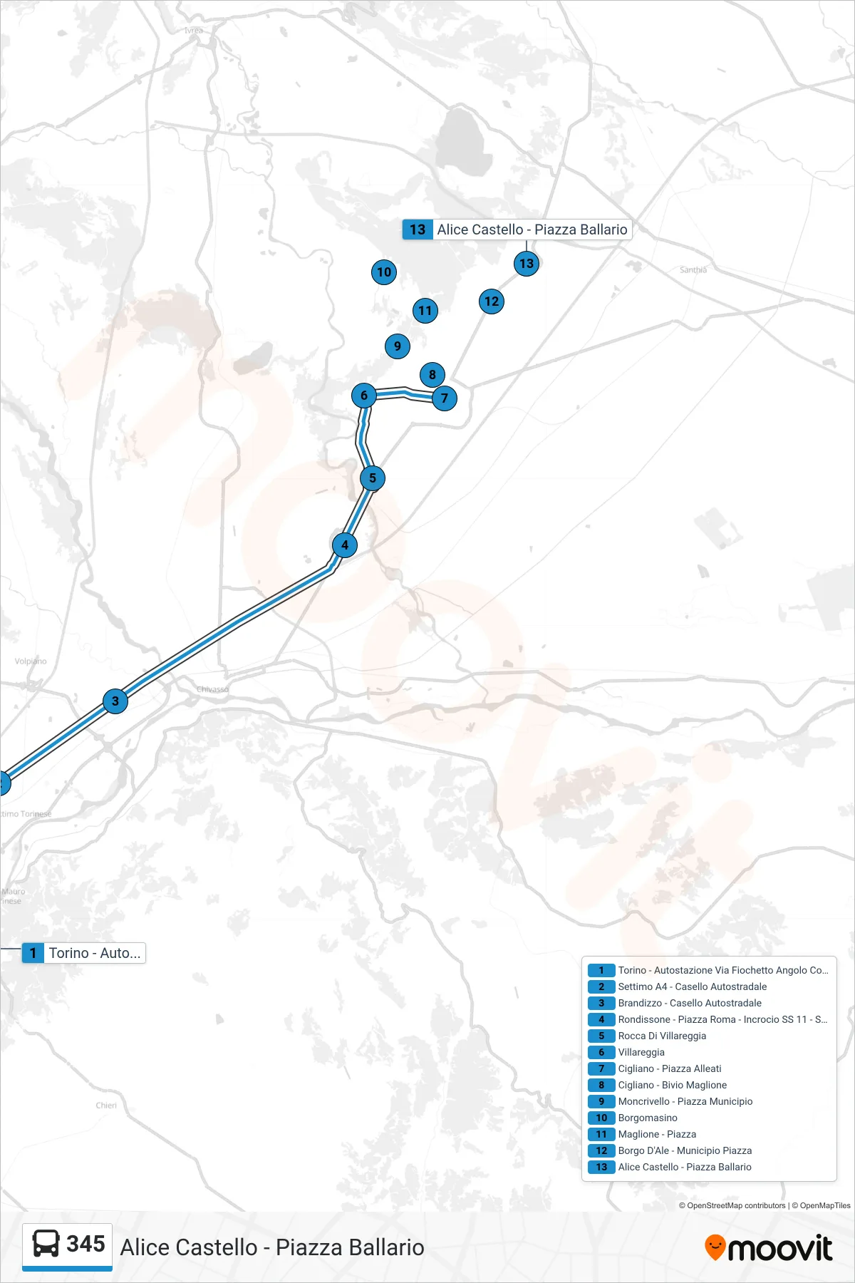 Linea 345 bus (Alice Castello - Piazza Ballario) - Percorsi e fermate sulla mappa