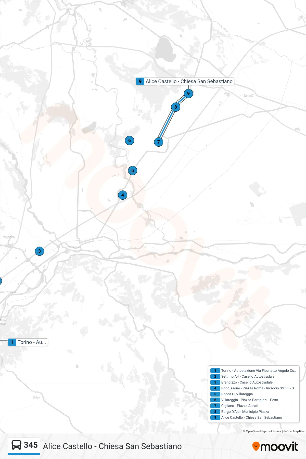 Linea 345  bus (Alice Castello - Chiesa San Sebastiano) - Percorsi e fermate sulla mappa