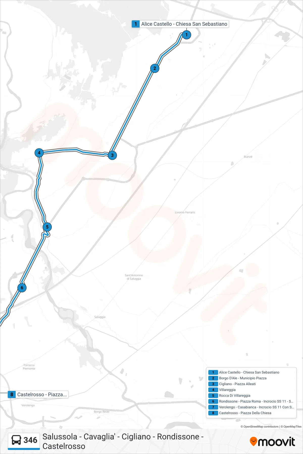 Linea 346  bus (Castelrosso - Piazza Della Chiesa) - Percorsi e fermate sulla mappa