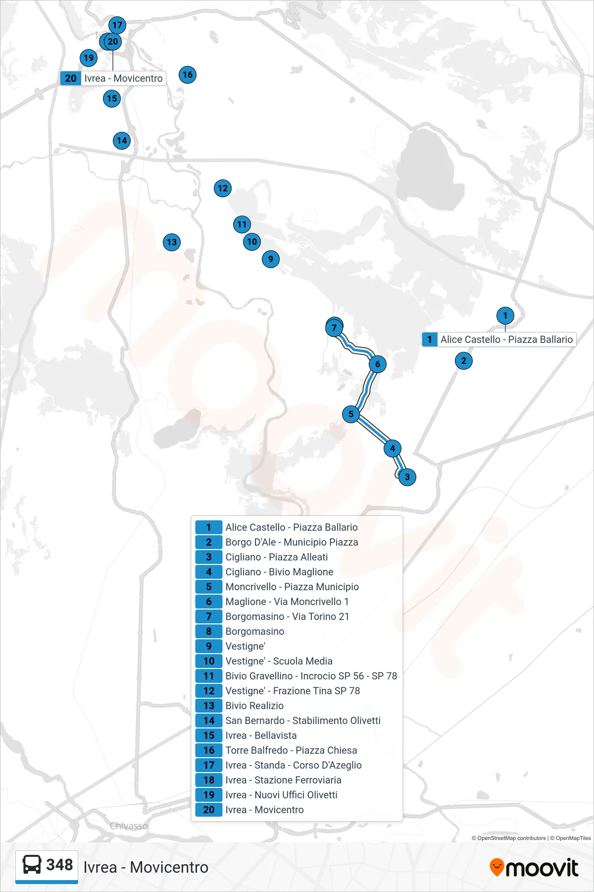 348 bus Line (Ivrea - Transport Center) route and stops on a map