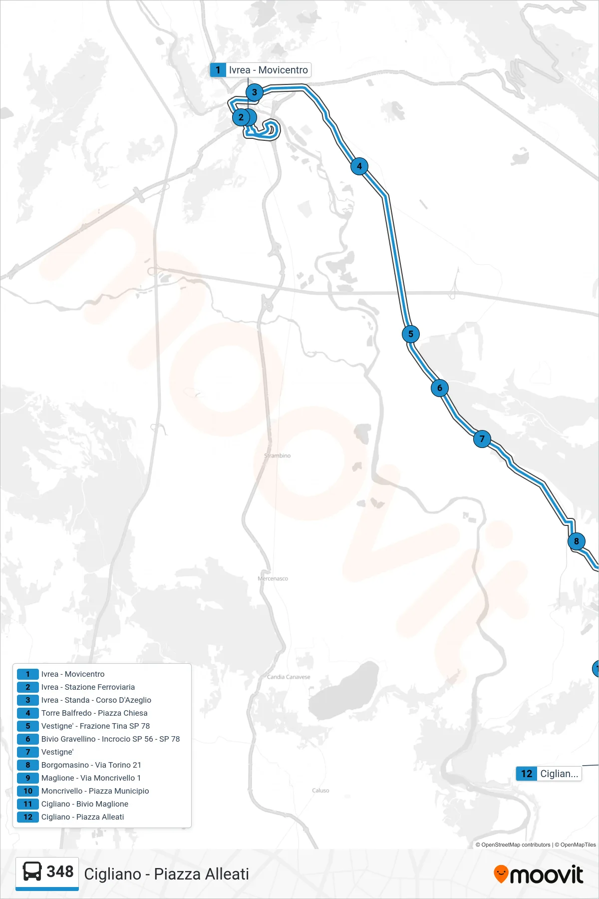 348 bus Line (Cigliano - Allies Square) route and stops on a map