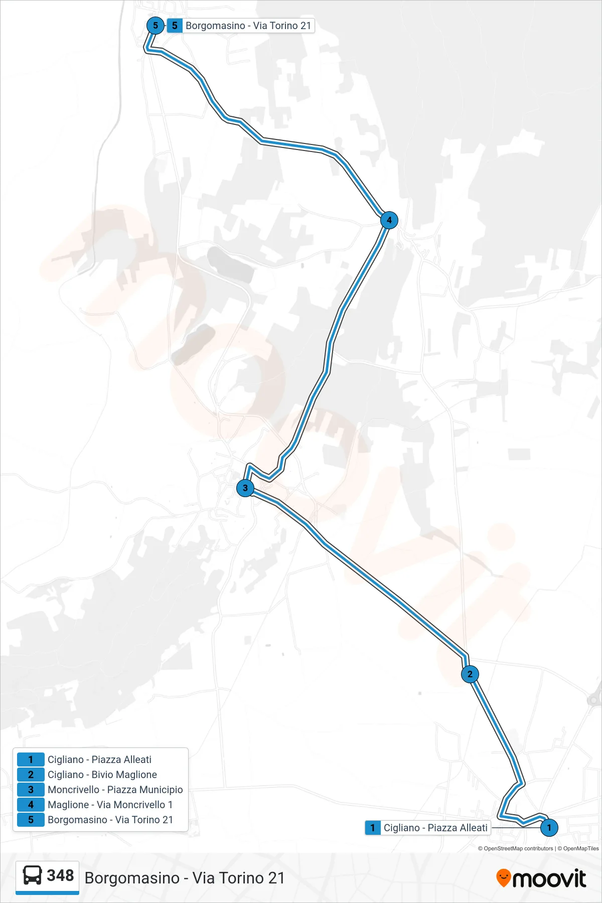 Linea 348 bus (Borgomasino - Via Torino 21) - Percorsi e fermate sulla mappa
