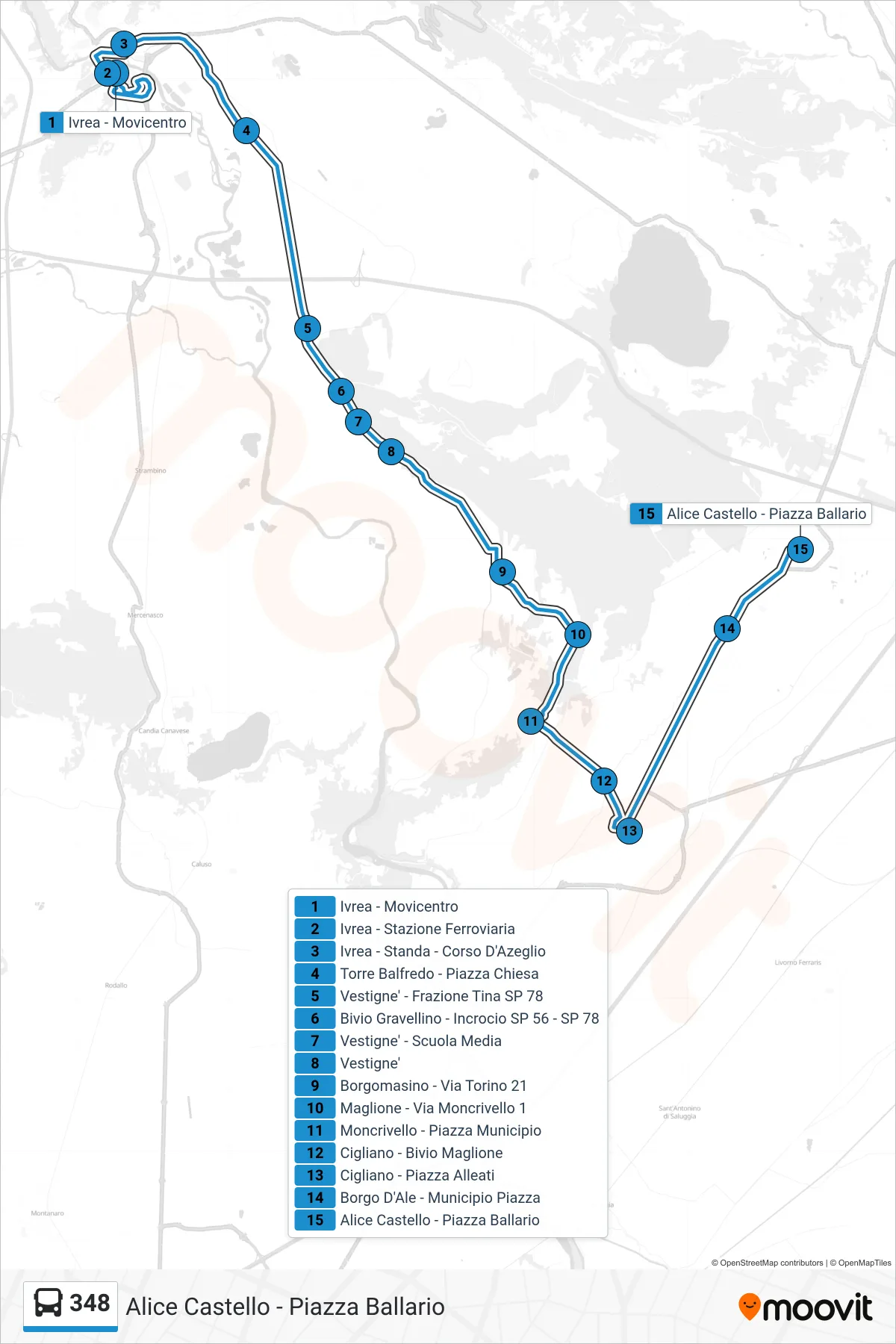 Linea 348 bus (Alice Castello - Piazza Ballario) - Percorsi e fermate sulla mappa