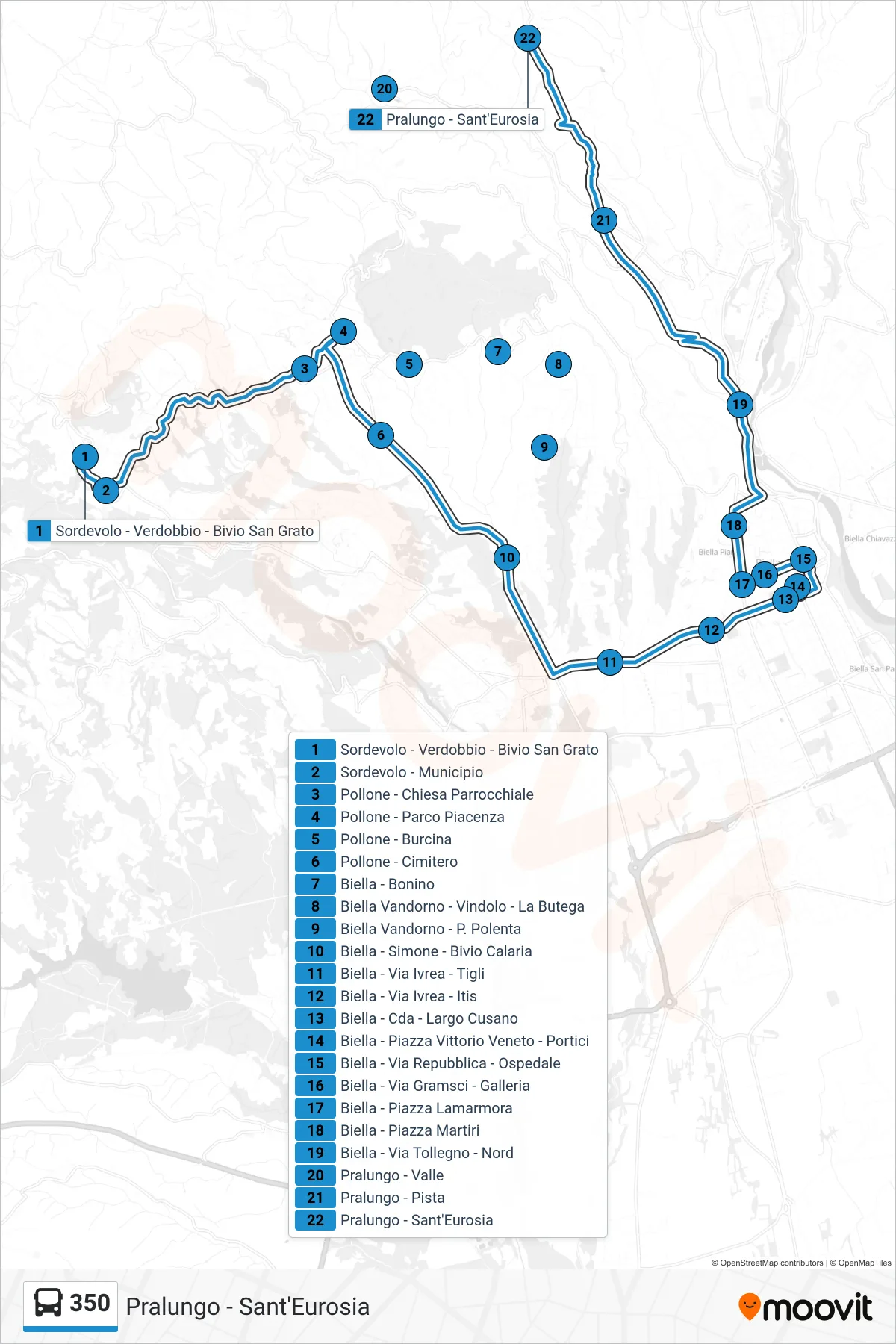 Linea 350 bus (Pralungo - Sant'Eurosia) - Percorsi e fermate sulla mappa