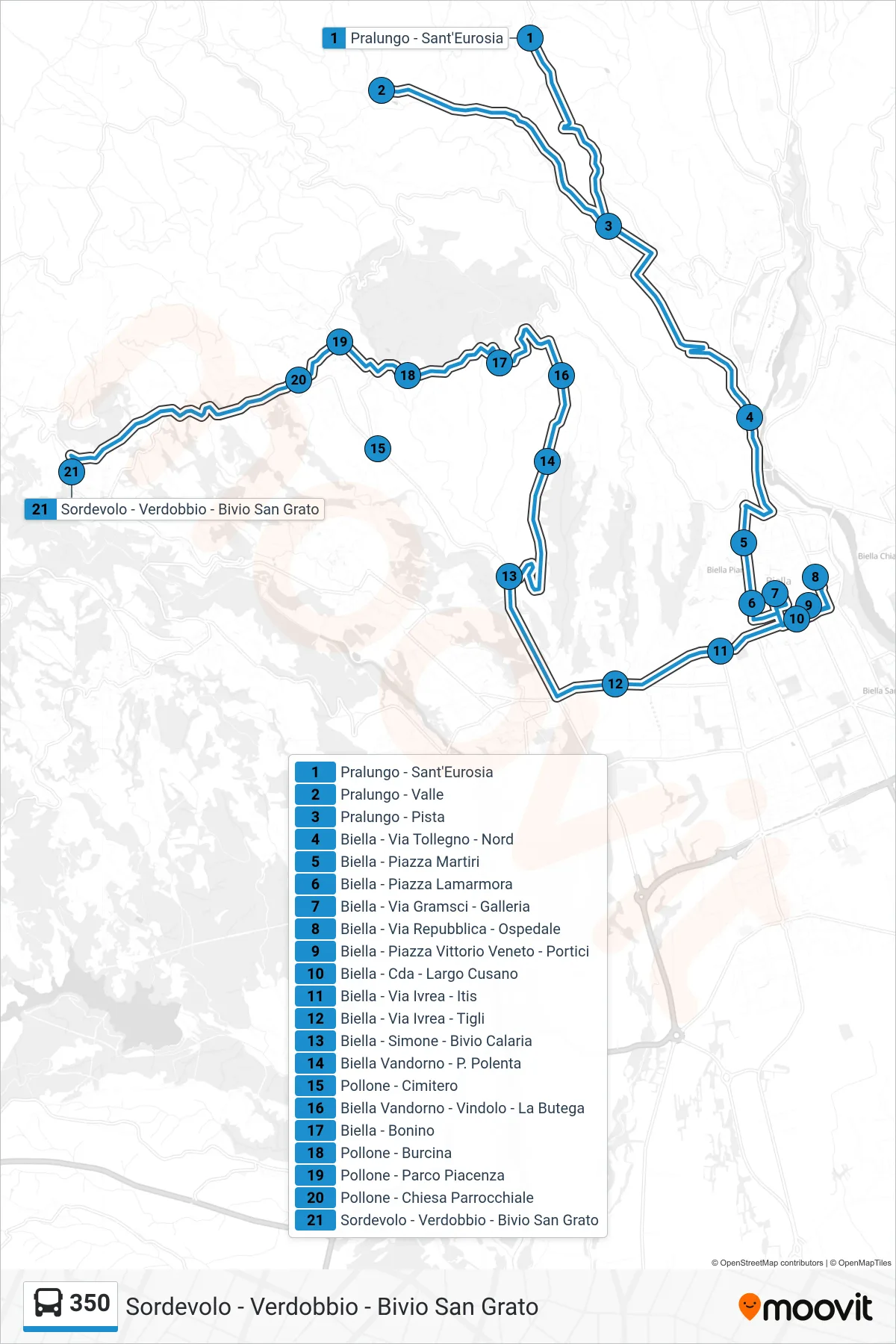 Linea 350 bus (Sordevolo - Verdobbio - Bivio San Grato) - Percorsi e fermate sulla mappa