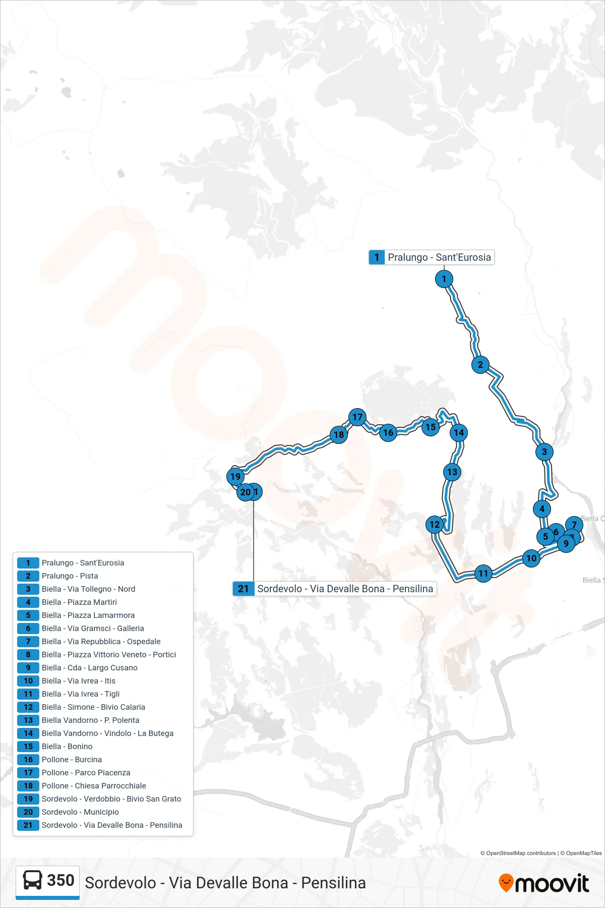 Linea 350 bus (Sordevolo - Via Devalle Bona - Pensilina) - Percorsi e fermate sulla mappa