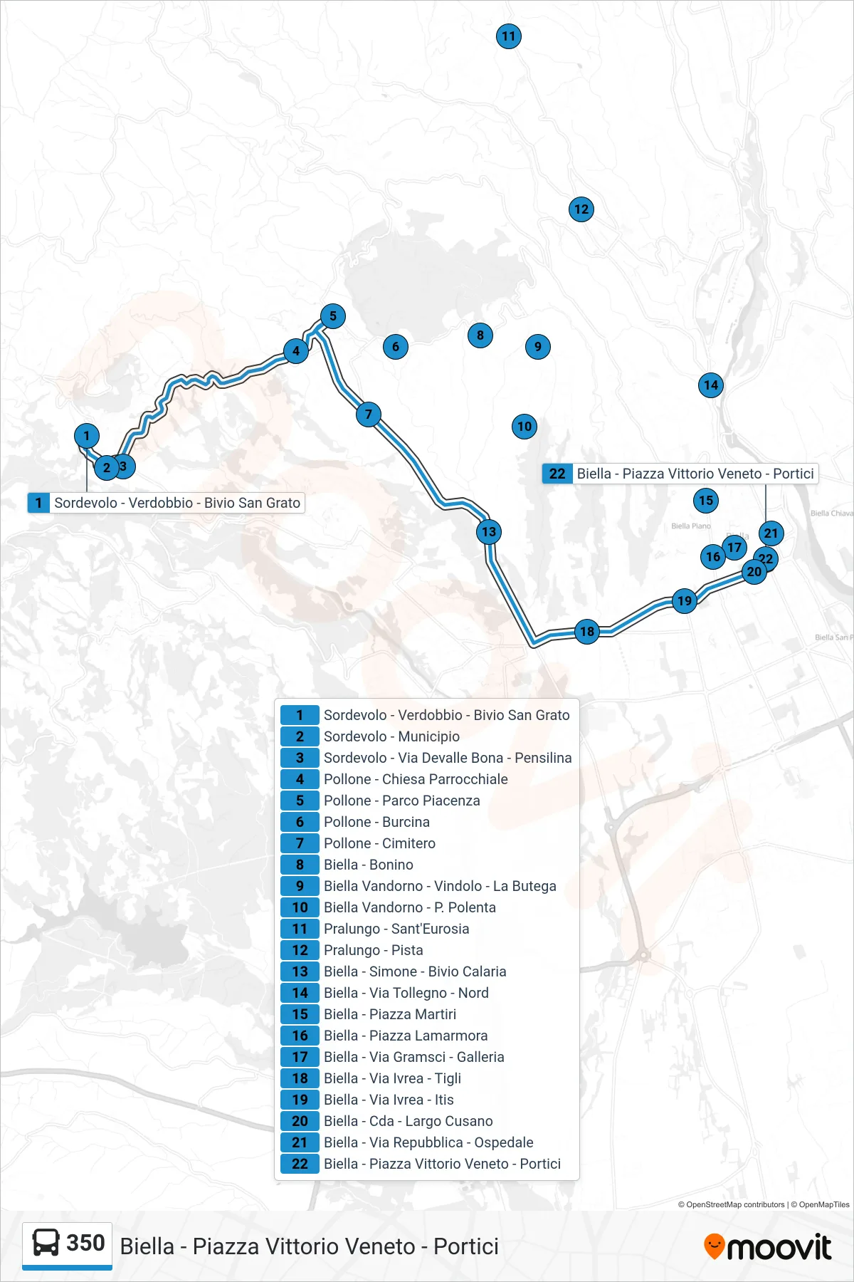 Linea 350  bus (Biella - Piazza Vittorio Veneto - Portici) - Percorsi e fermate sulla mappa