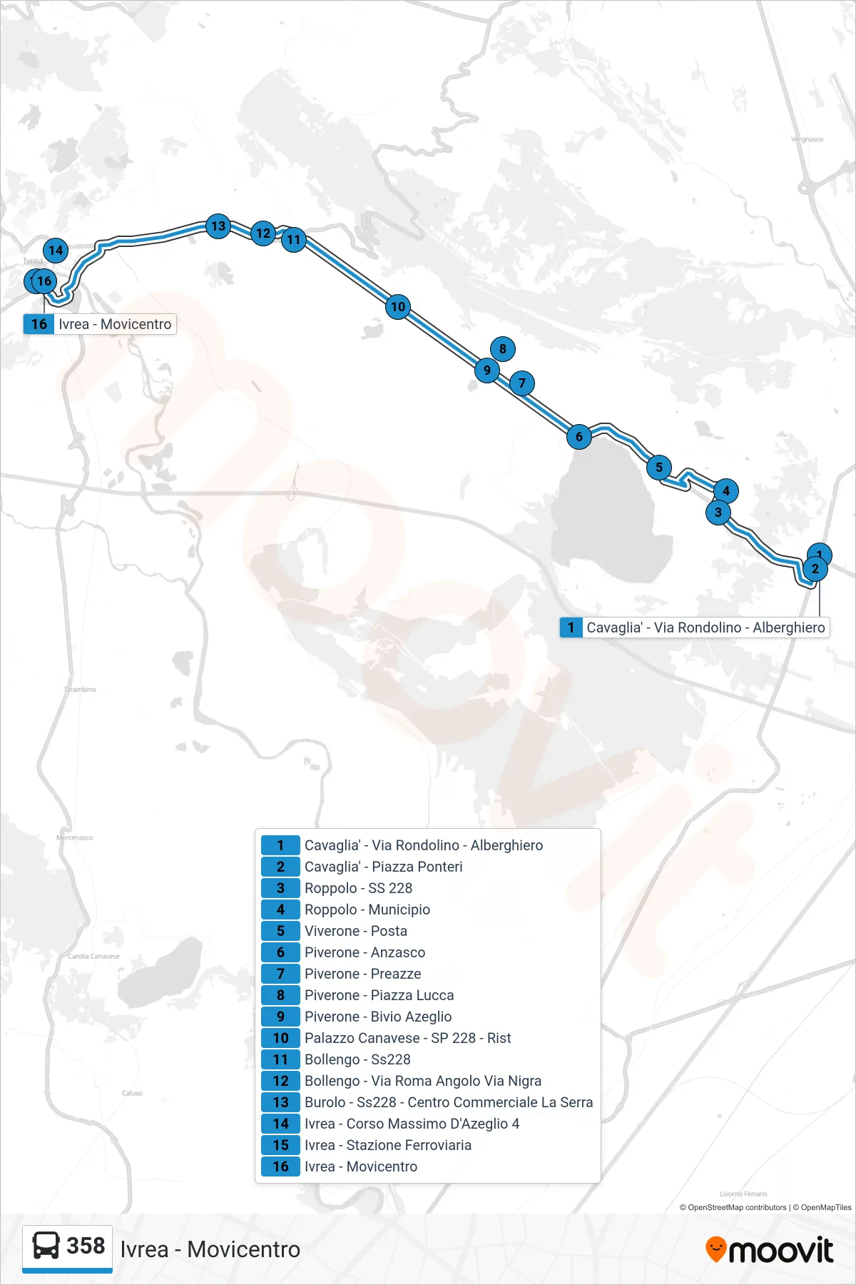 Linea 358 bus (Ivrea - Movicentro) - Percorsi e fermate sulla mappa