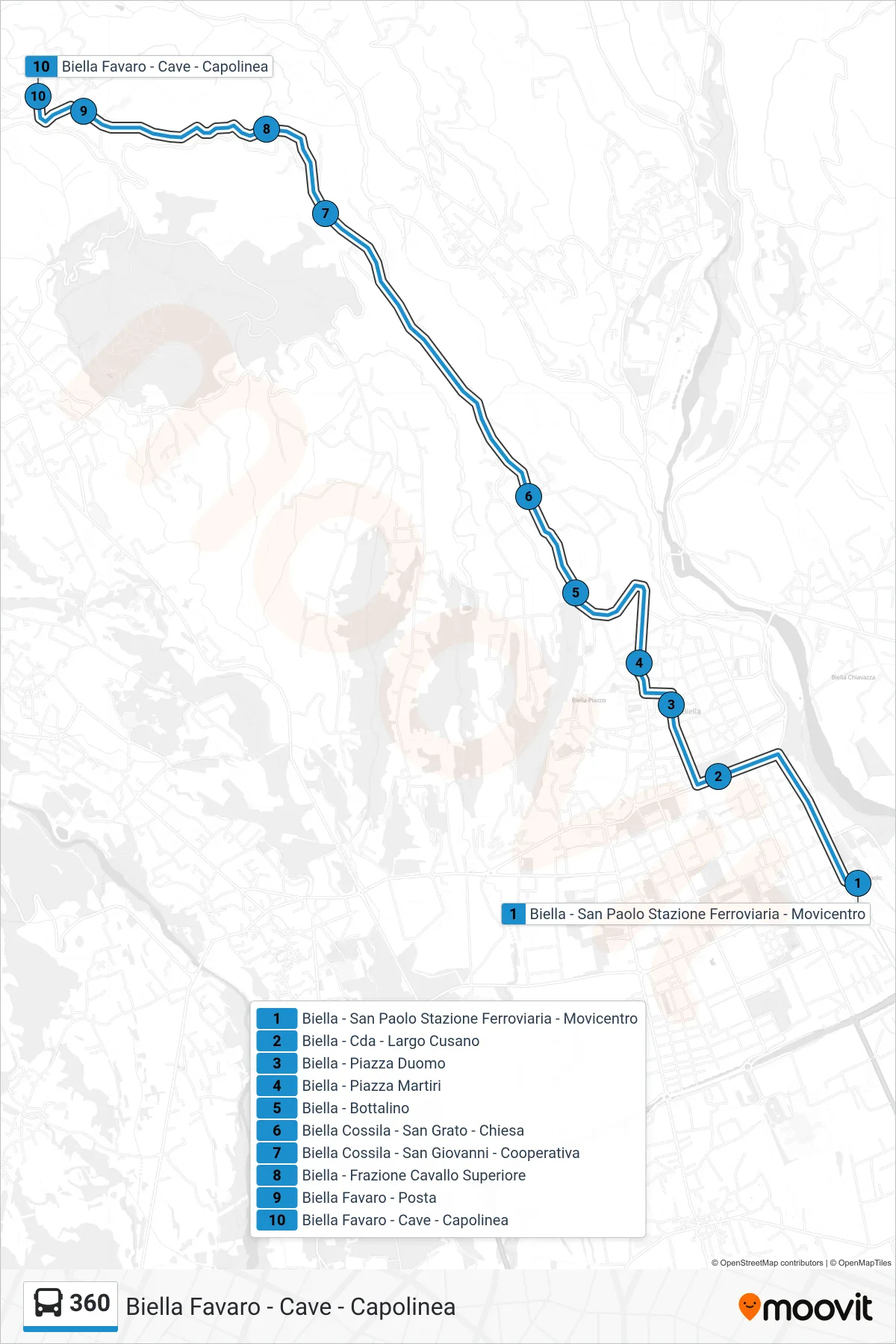 Linea 360 bus (Biella Favaro - Cave - Capolinea) - Percorsi e fermate sulla mappa