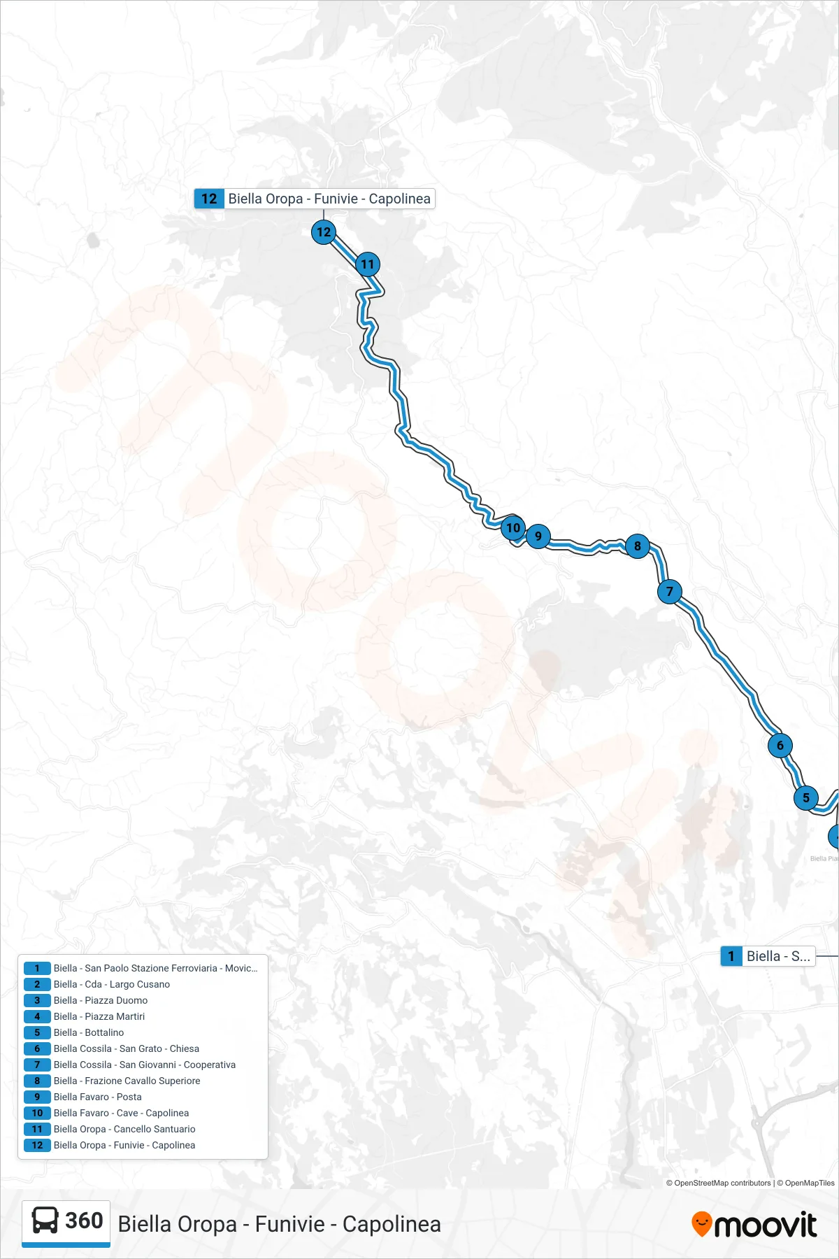 Linea 360  bus (Biella Oropa - Funivie - Capolinea) - Percorsi e fermate sulla mappa