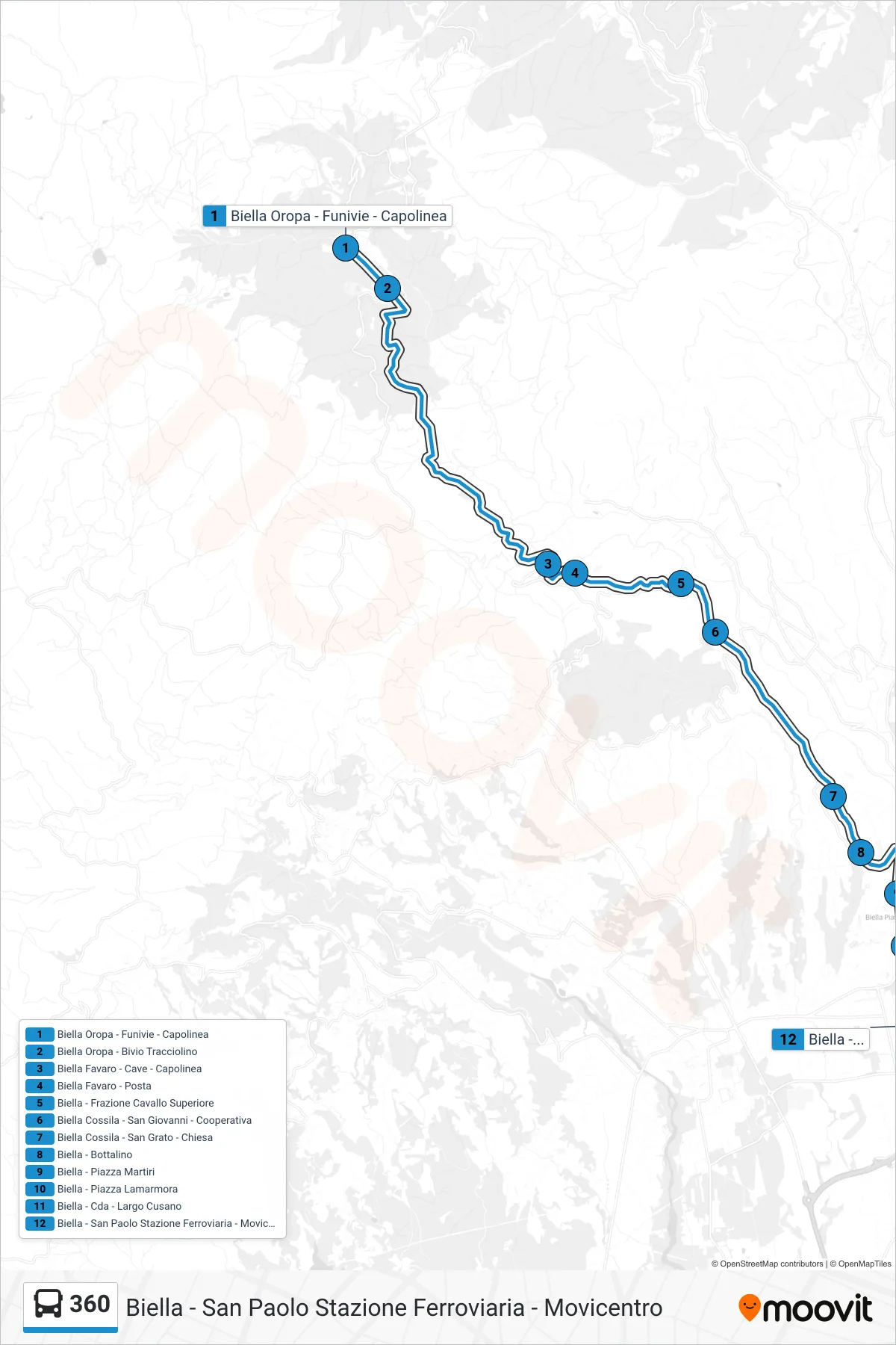 Linea 360 bus (Biella - San Paolo Stazione Ferroviaria - Movicentro) - Percorsi e fermate sulla mappa