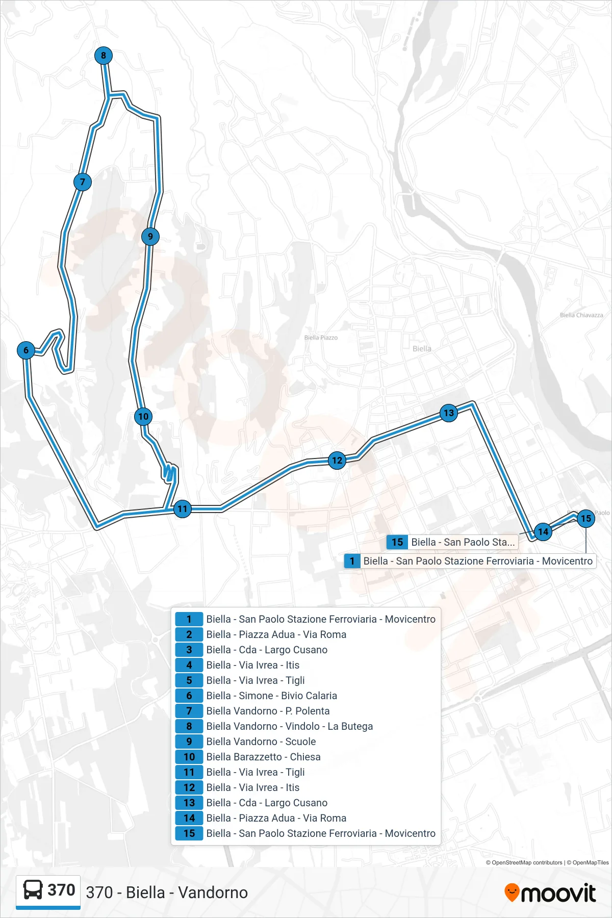 Linea 370 bus (Biella - San Paolo Stazione Ferroviaria - Movicentro) - Percorsi e fermate sulla mappa