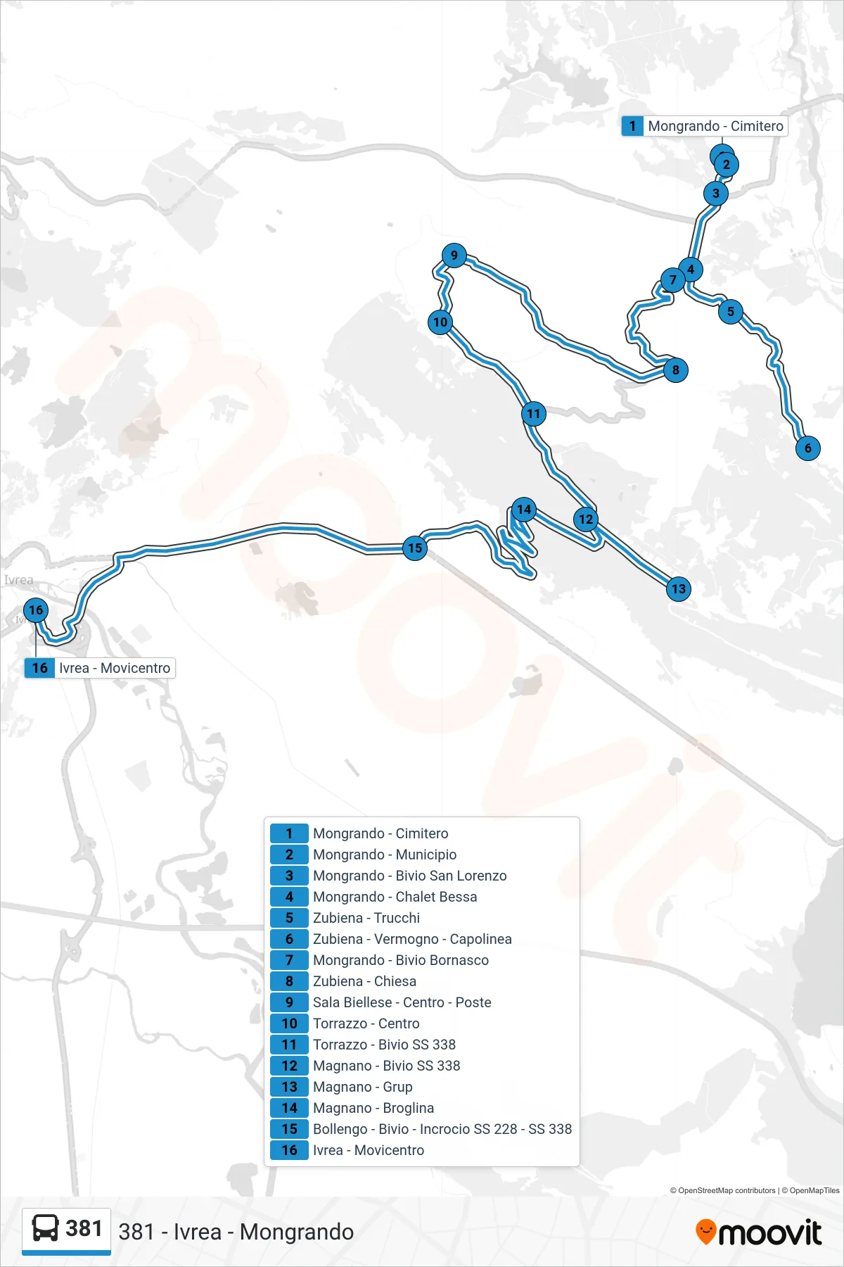 Linea 381 bus (Ivrea - Movicentro) - Percorsi e fermate sulla mappa