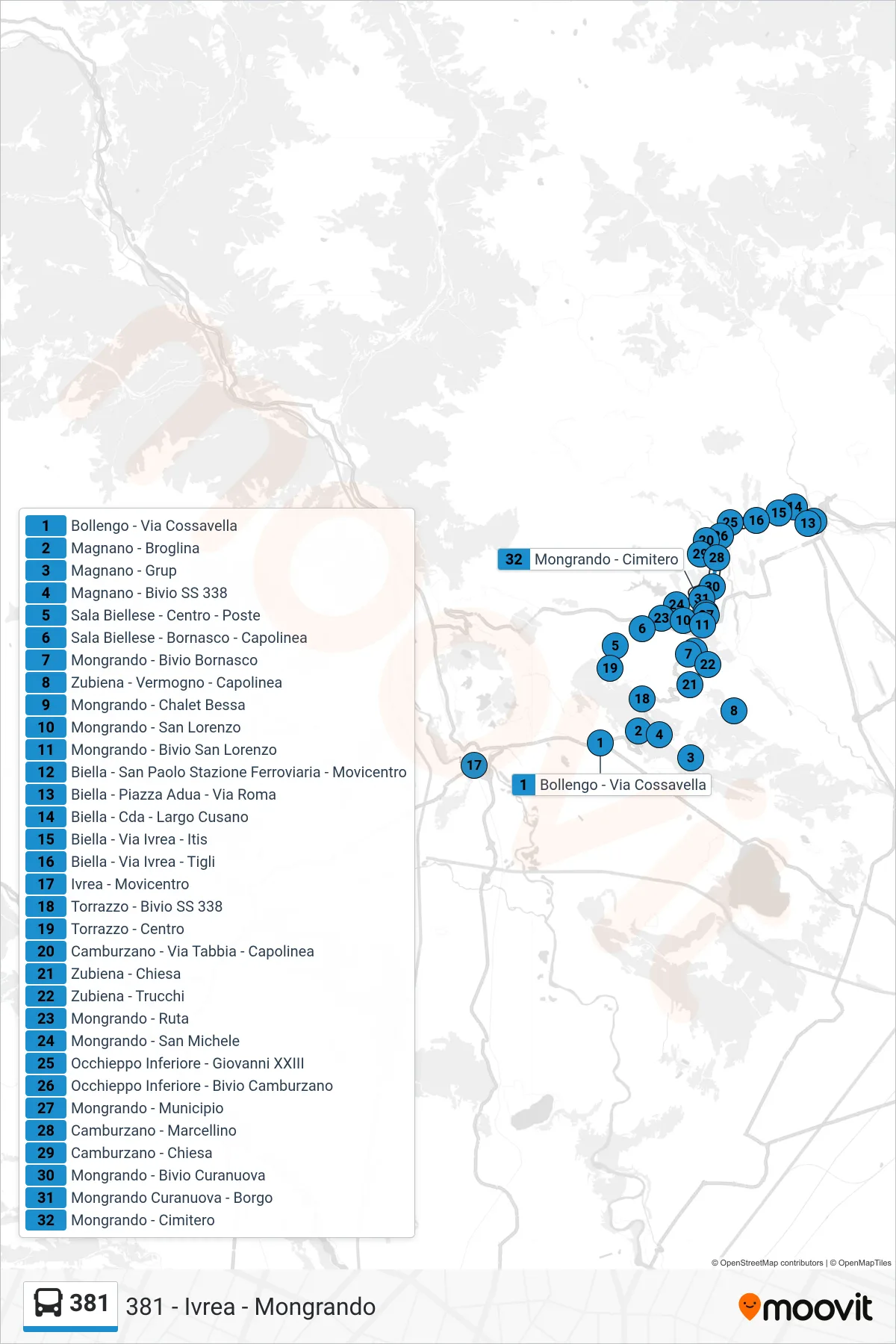 Linea 381  bus (Mongrando - Cimitero) - Percorsi e fermate sulla mappa