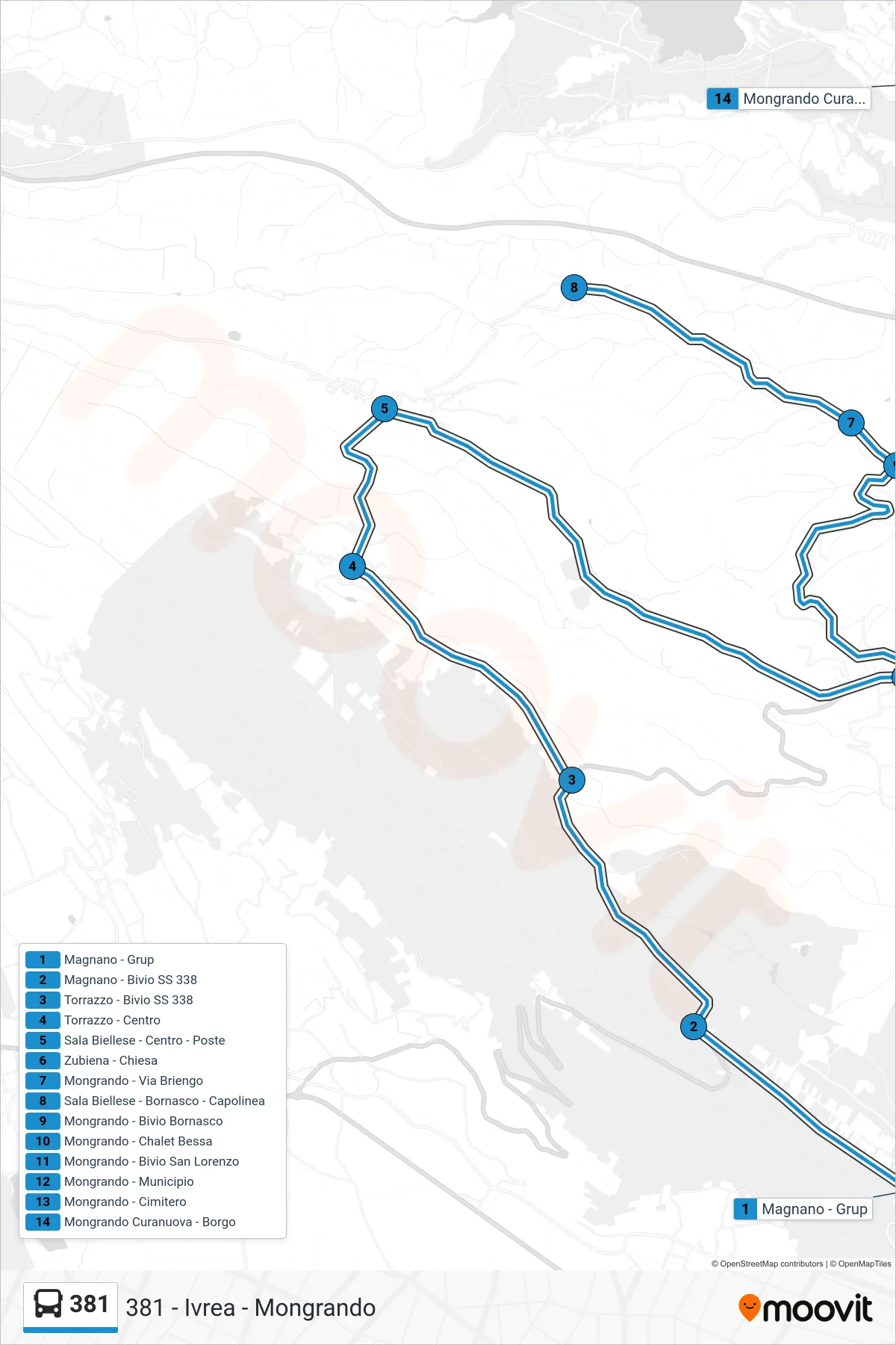 Linea 381  bus (Mongrando Curanuova - Borgo) - Percorsi e fermate sulla mappa