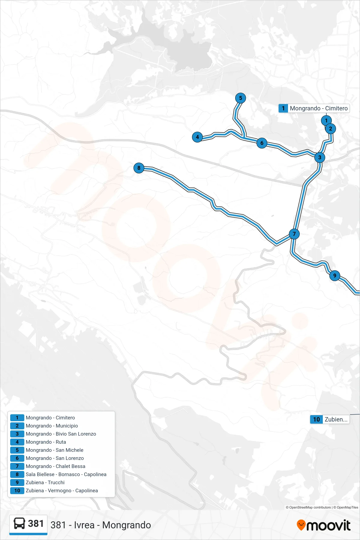 Linea 381  bus (Zubiena - Vermogno - Capolinea) - Percorsi e fermate sulla mappa