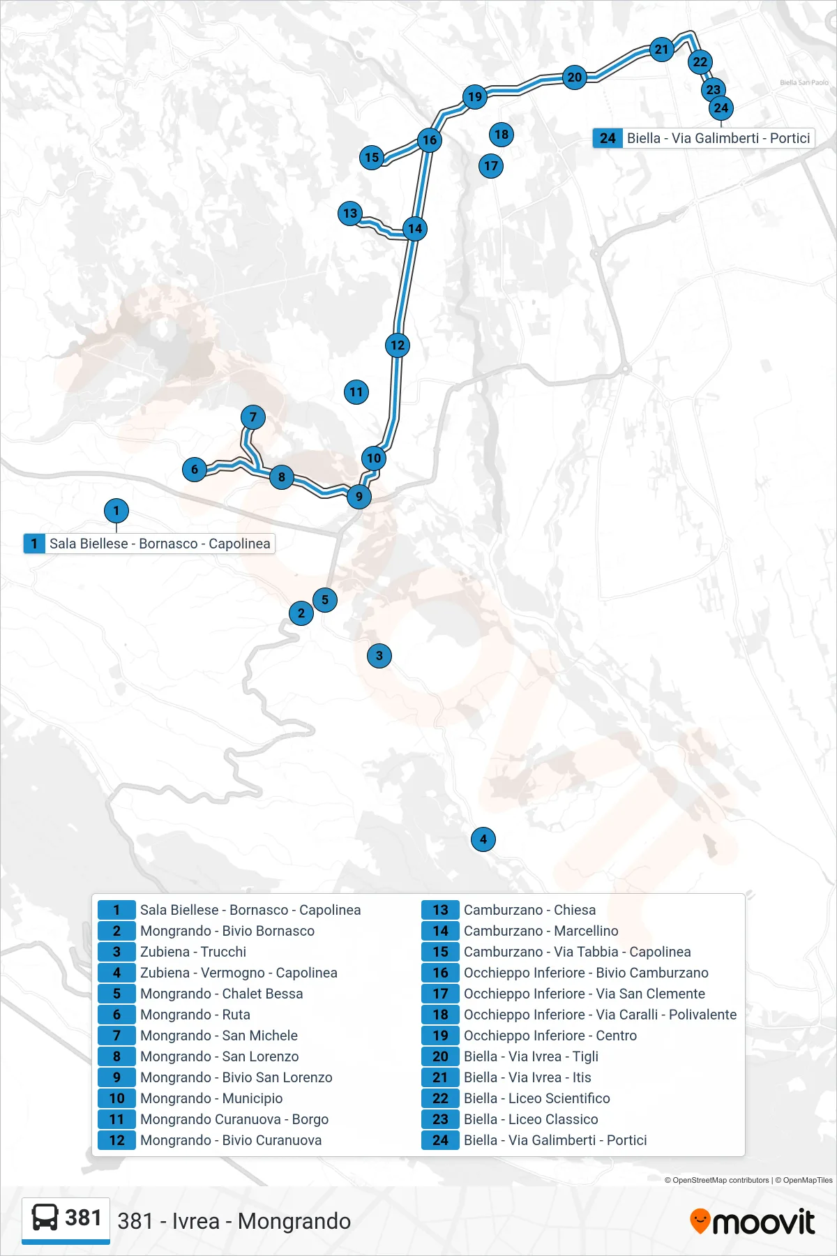 Linea 381  bus (Biella - Via Galimberti - Portici) - Percorsi e fermate sulla mappa
