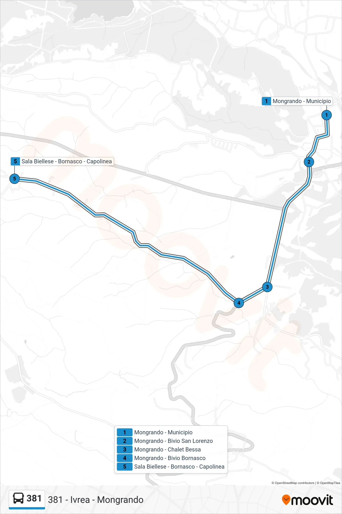 Linea 381 bus (Sala Biellese - Bornasco - Capolinea) - Percorsi e fermate sulla mappa