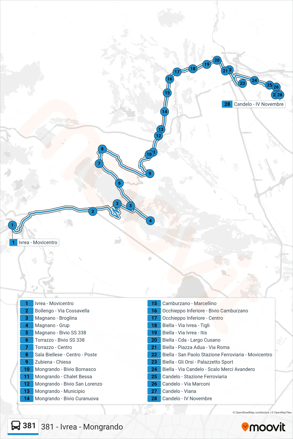 Linea 381 bus (Candelo - IV Novembre) - Percorsi e fermate sulla mappa