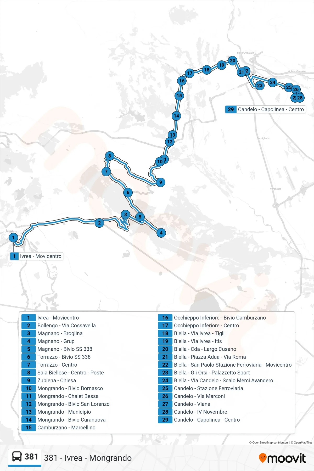 Linea 381 bus (Candelo - Capolinea - Centro) - Percorsi e fermate sulla mappa