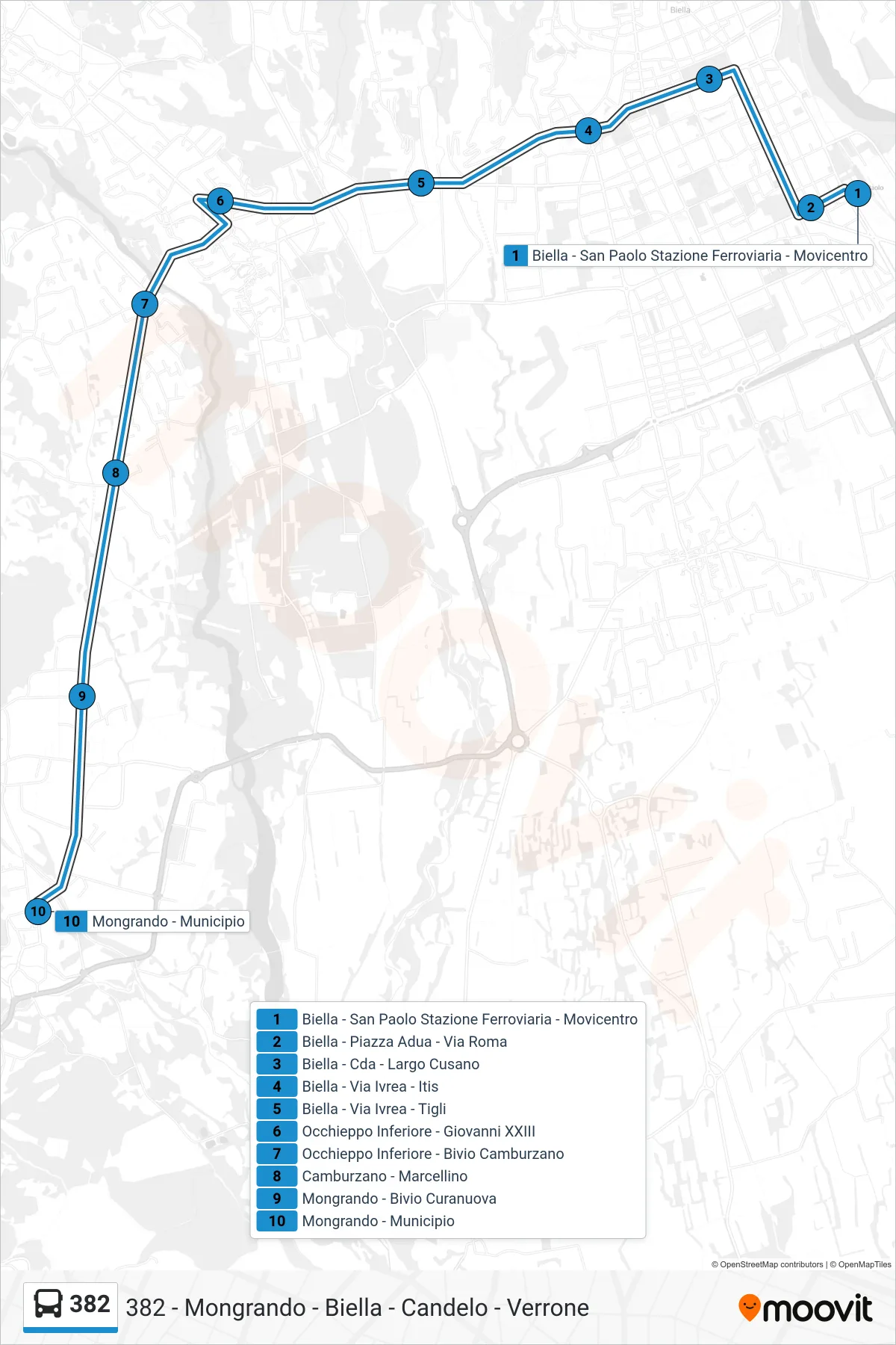 Linea 382 bus (Mongrando - Municipio) - Percorsi e fermate sulla mappa