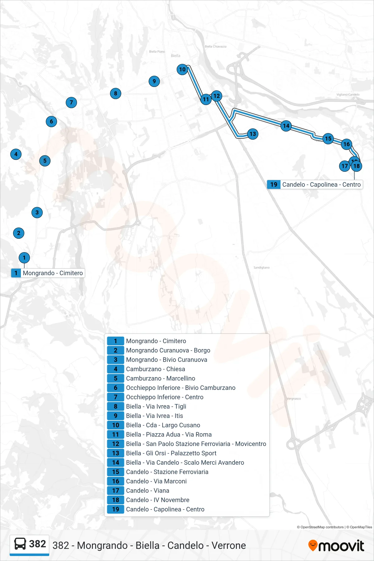 Linea 382 bus (Candelo - Capolinea - Centro) - Percorsi e fermate sulla mappa