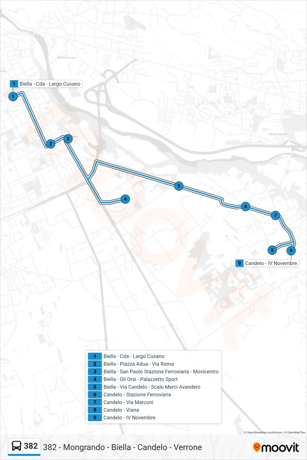 Linea 382 bus (Candelo - IV Novembre) - Percorsi e fermate sulla mappa