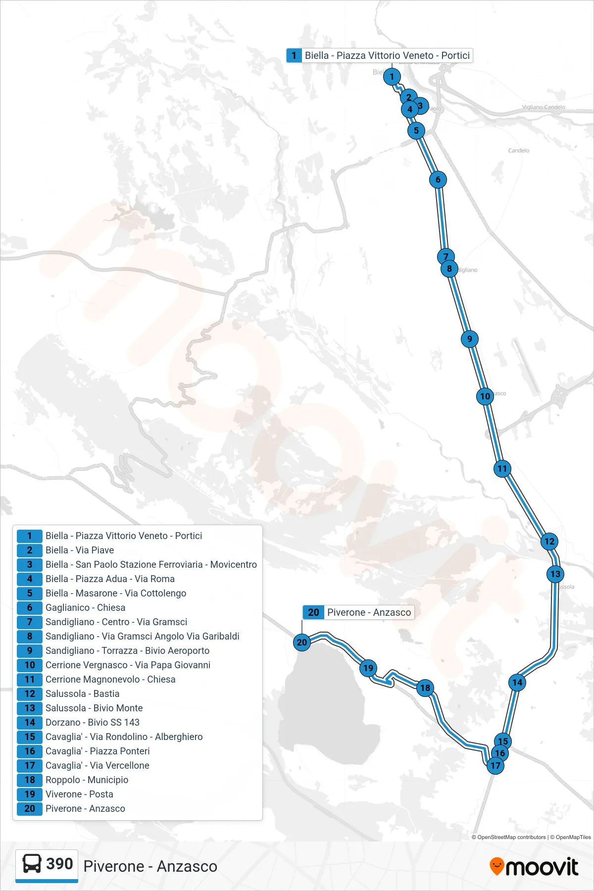 Linea 390  bus (Piverone - Anzasco) - Percorsi e fermate sulla mappa