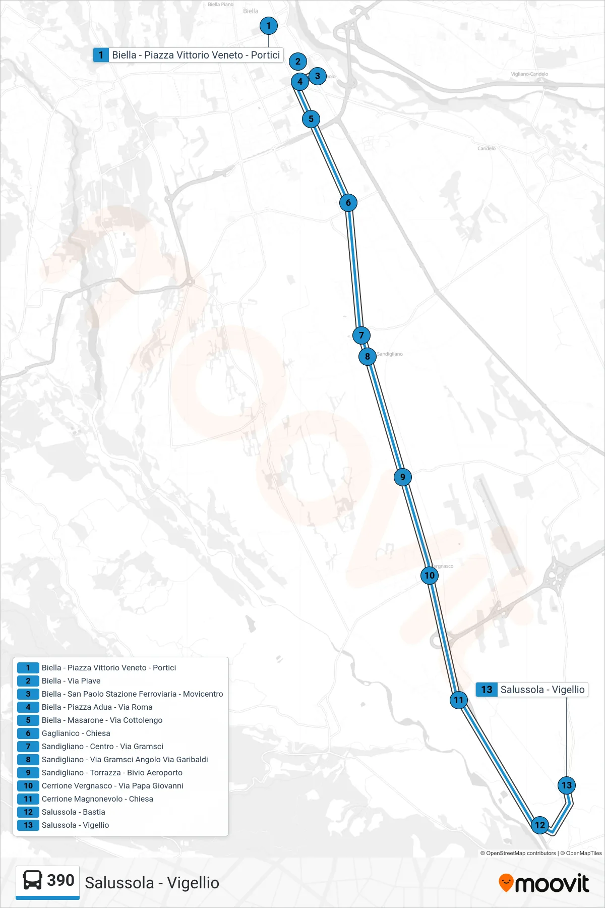 Linea 390  bus (Salussola - Vigellio) - Percorsi e fermate sulla mappa