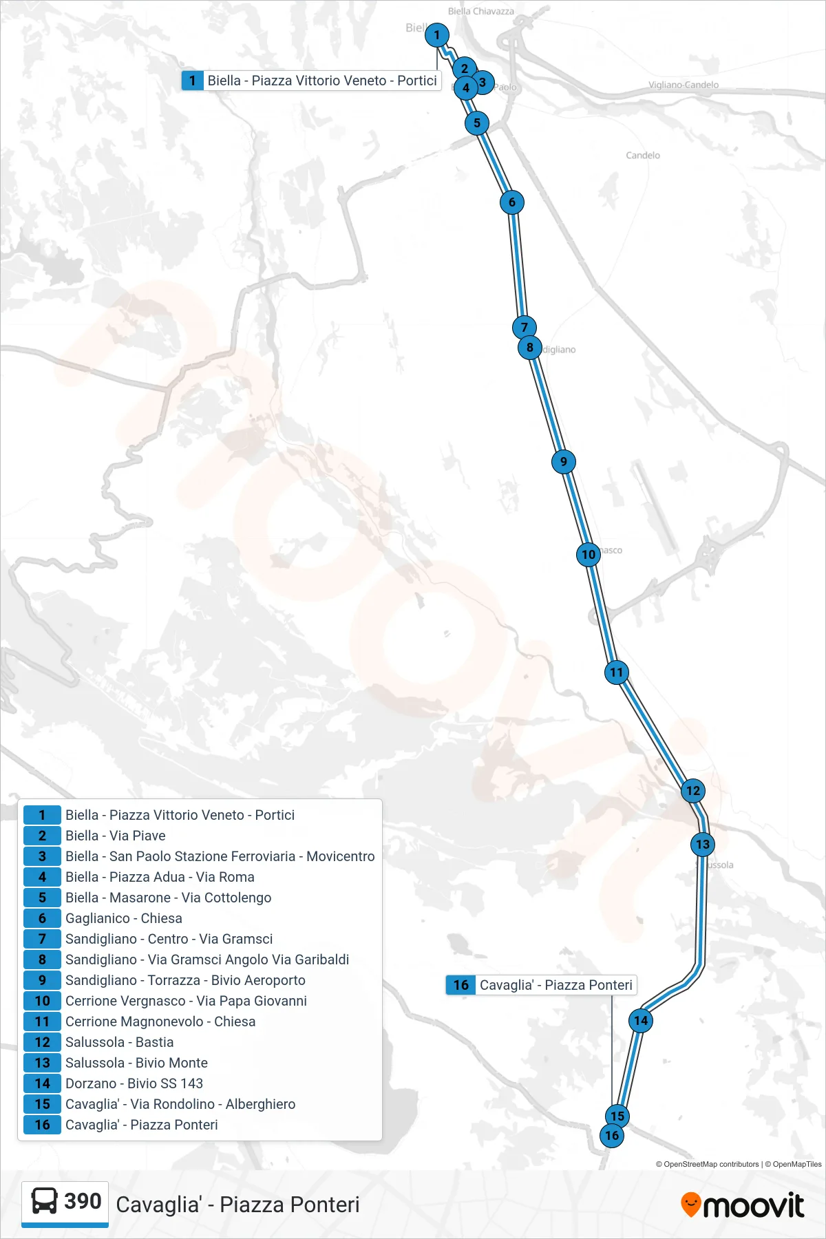 Linea 390 bus (Cavaglia' - Piazza Ponteri) - Percorsi e fermate sulla mappa