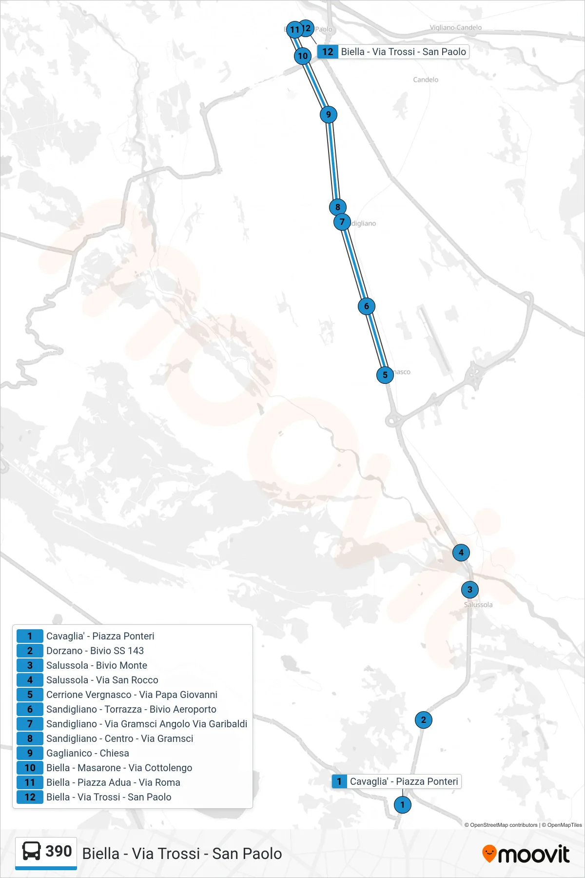 Linea 390  bus (Biella - Via Trossi - San Paolo) - Percorsi e fermate sulla mappa