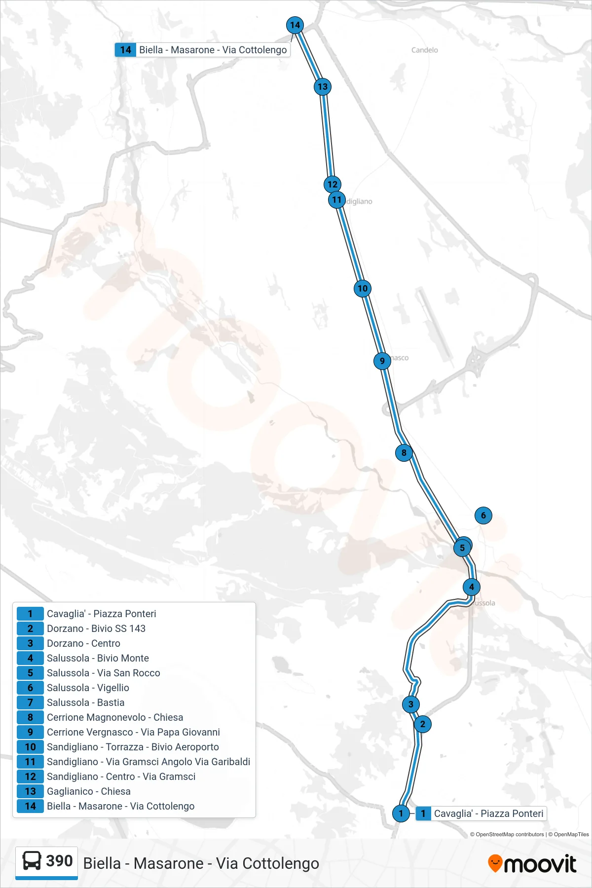 Linea 390 bus (Biella - Masarone - Via Cottolengo) - Percorsi e fermate sulla mappa