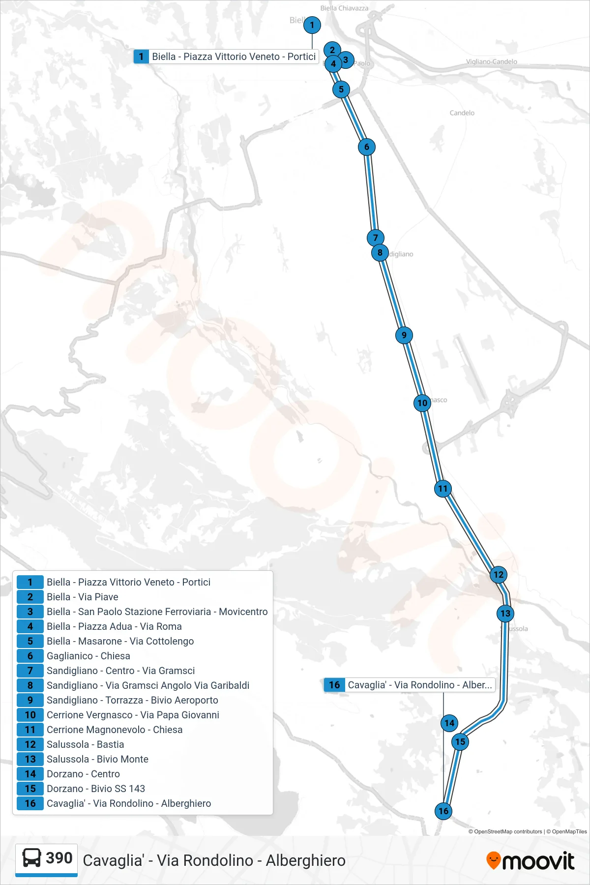 Linea 390  bus (Cavaglia' - Via Rondolino - Alberghiero) - Percorsi e fermate sulla mappa